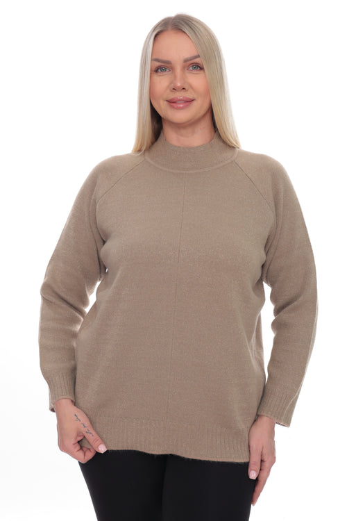 A woman modeling a taupe knit mock neck sweater against a plain white background.