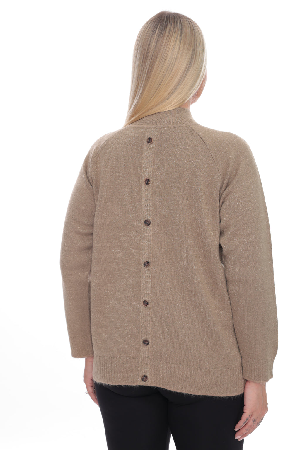 A woman viewed from the back wearing a taupe knit cardigan with a button-down back and black pants, set against a plain white background.