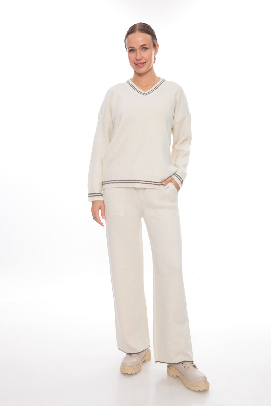 ZIQUES Sporty Striped Trim Knit Co-ord Set in Off-White