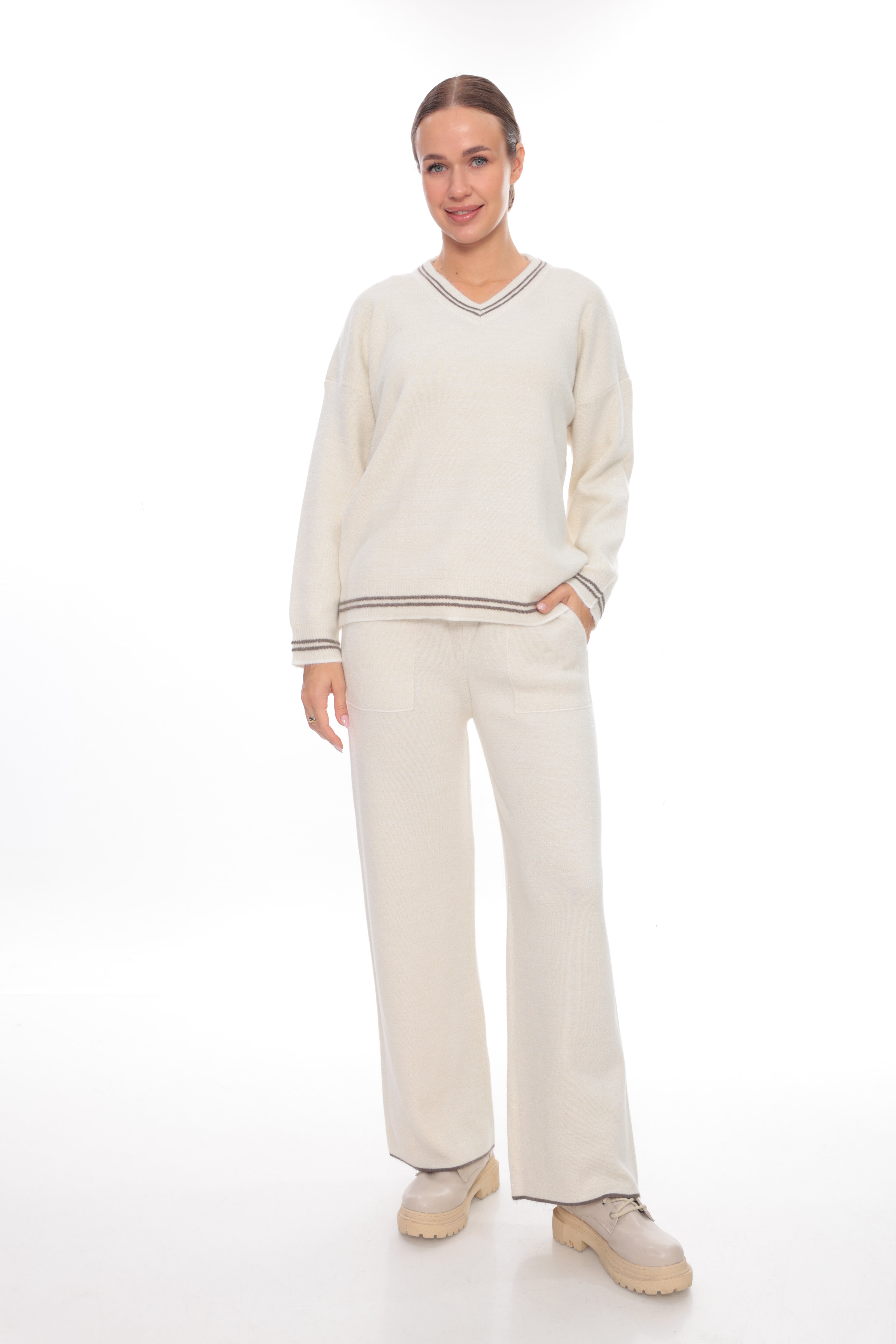 ZIQUES Sporty Striped Trim Knit Co-ord Set in Off-White
