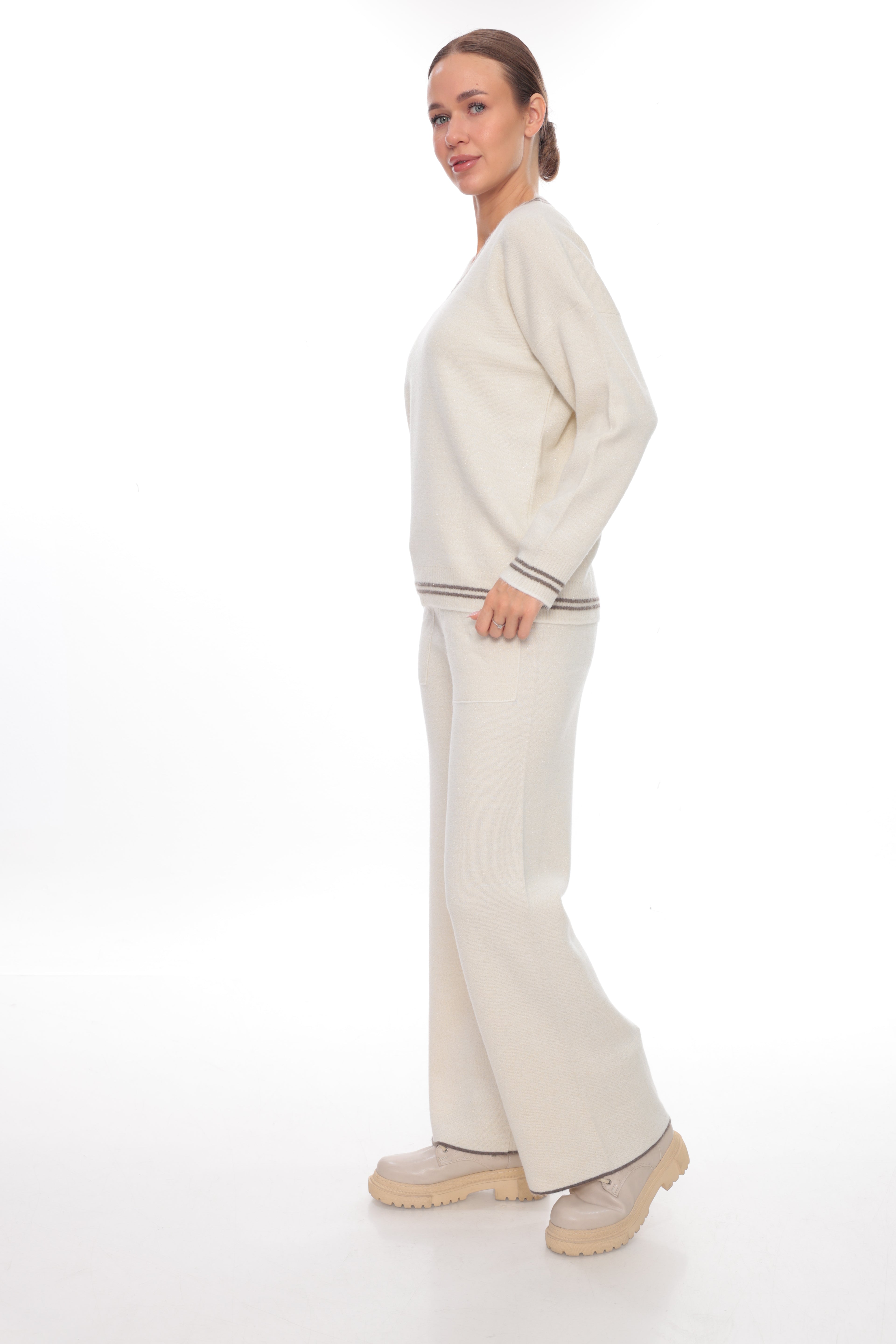 ZIQUES Sporty Striped Trim Knit Co-ord Set in Off-White