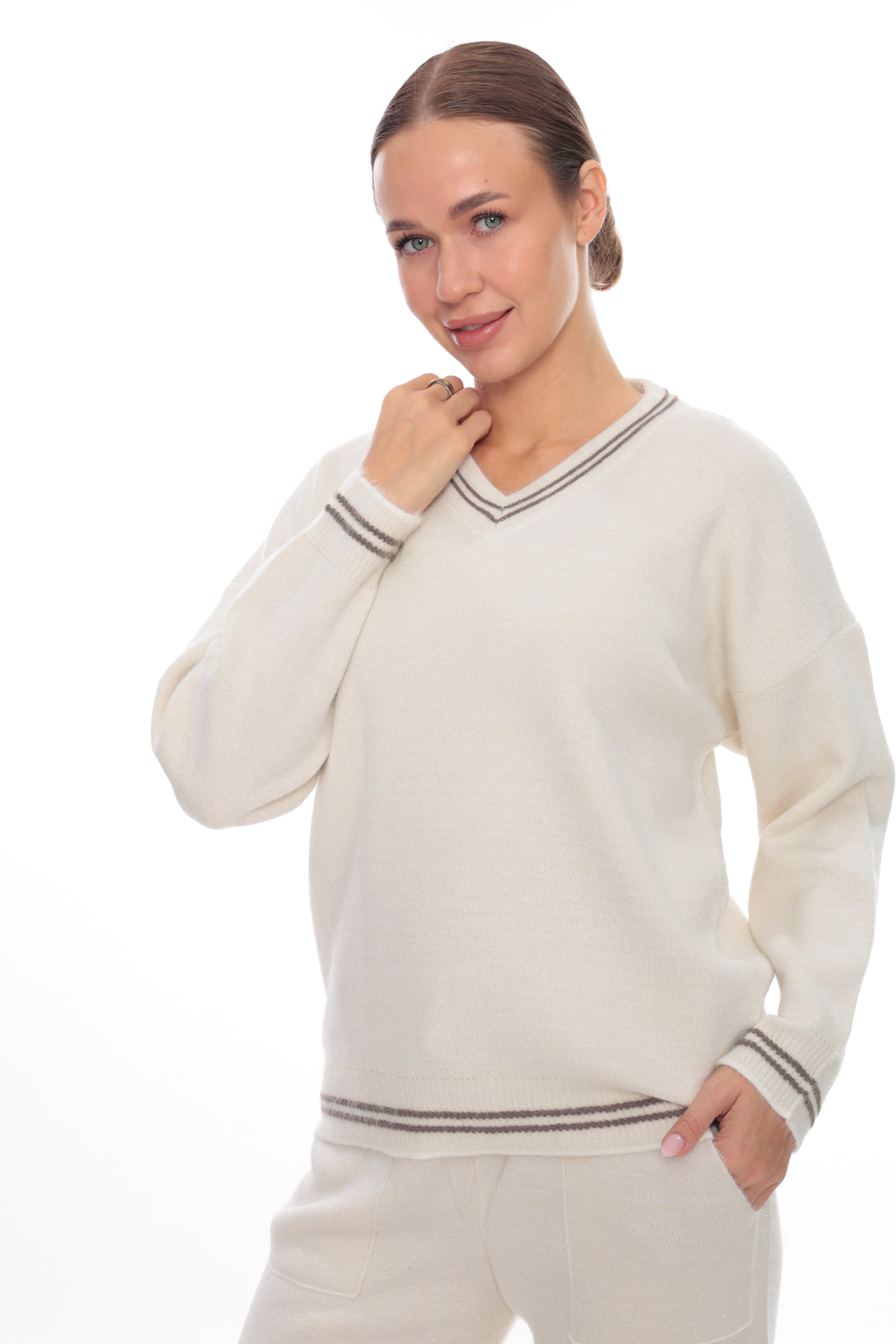 ZIQUES Sporty Striped Trim Knit Co-ord Set in Off-White