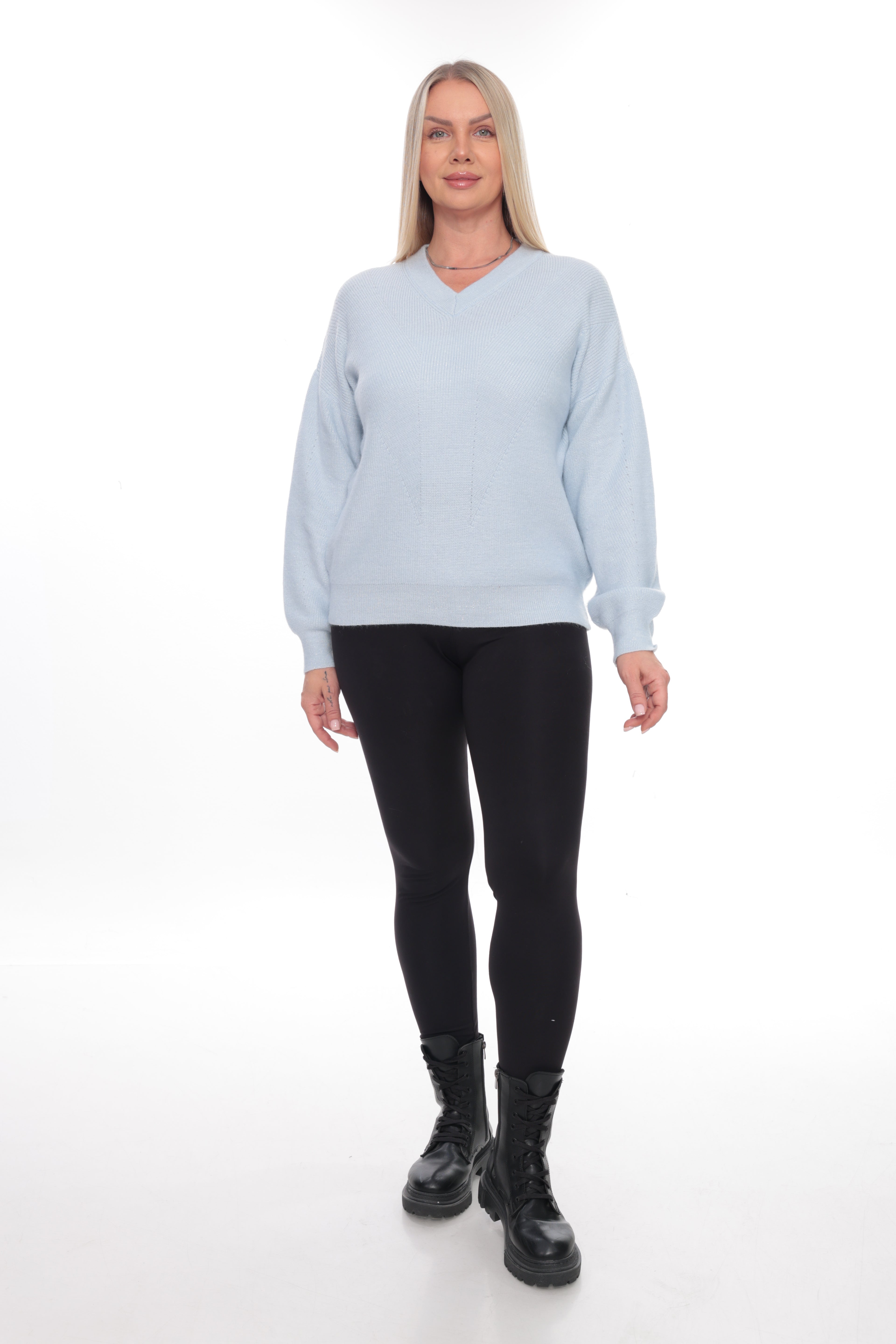 ZIQUES Ice Blue Chevron Textured V-Neck Knit Sweater
