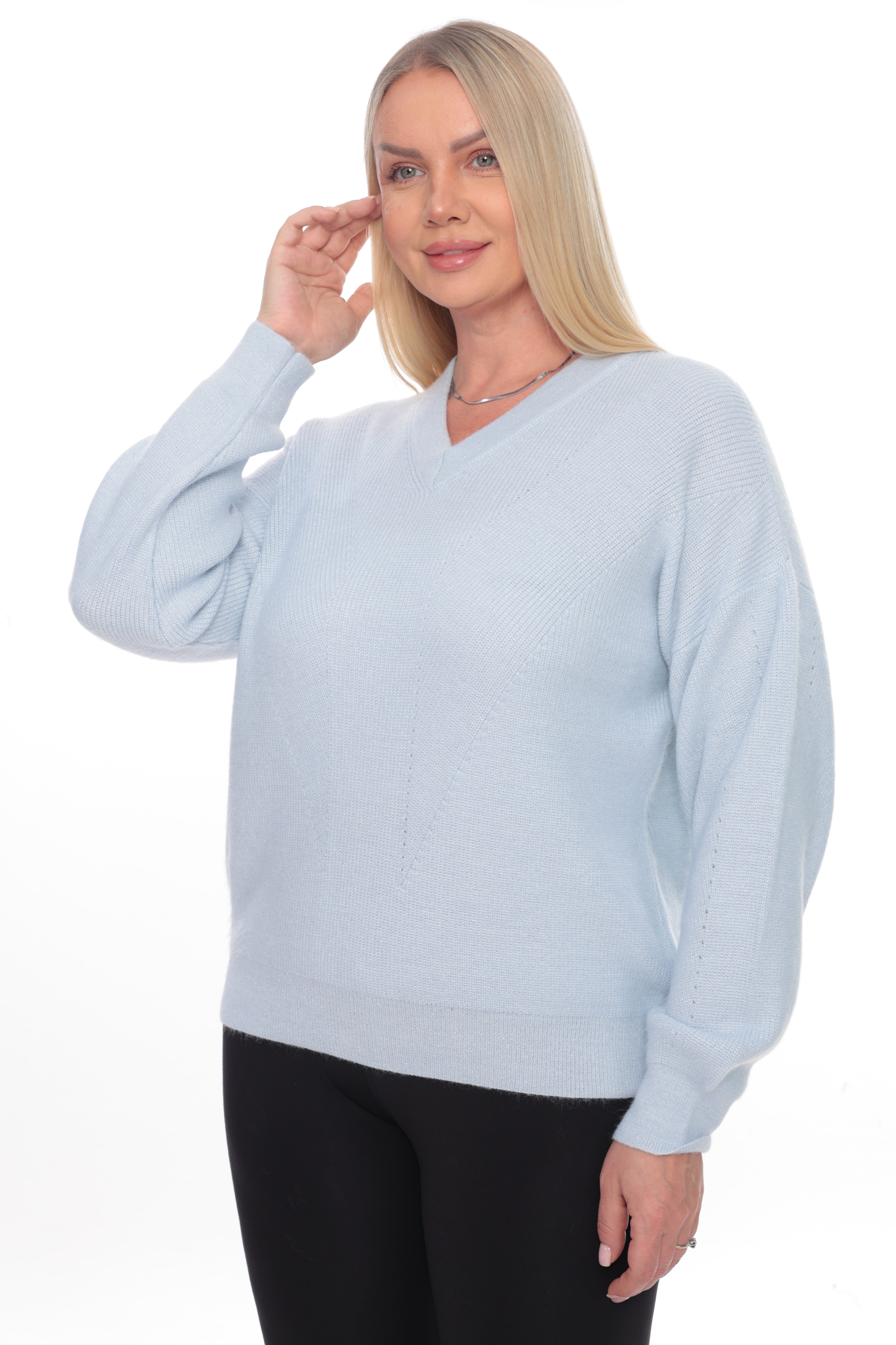 ZIQUES Ice Blue Chevron Textured V-Neck Knit Sweater