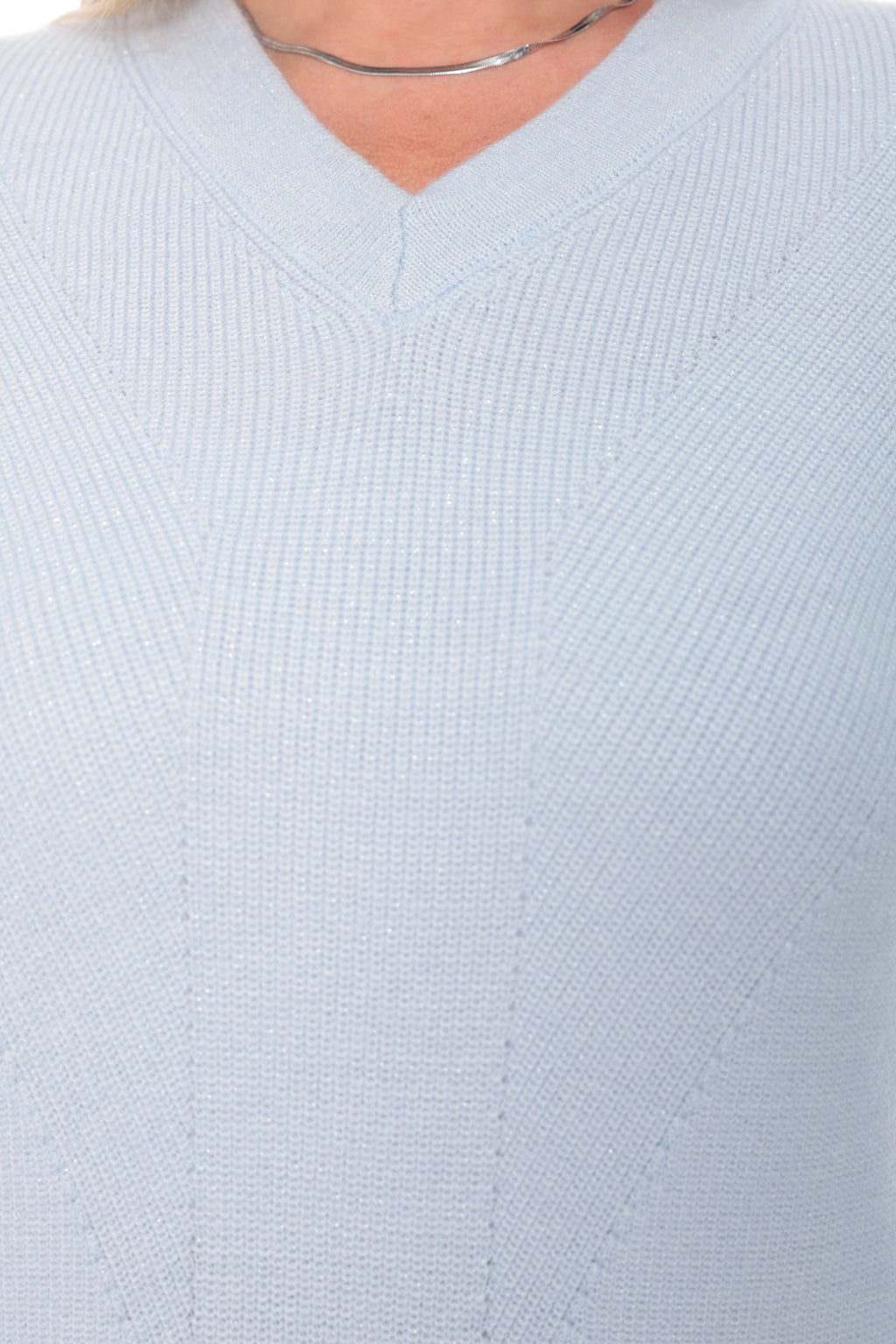 ZIQUES Ice Blue Chevron Textured V-Neck Knit Sweater