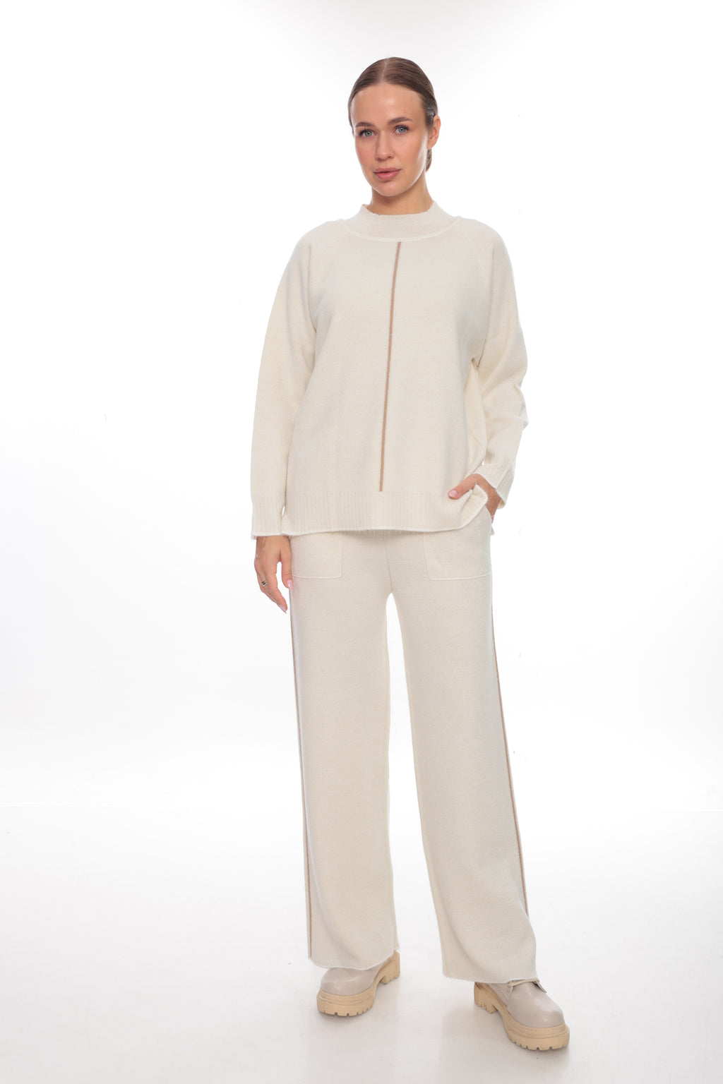 ZIQUES Minimalist Contrast-Stripe Knit Co-ord Set in Ivory