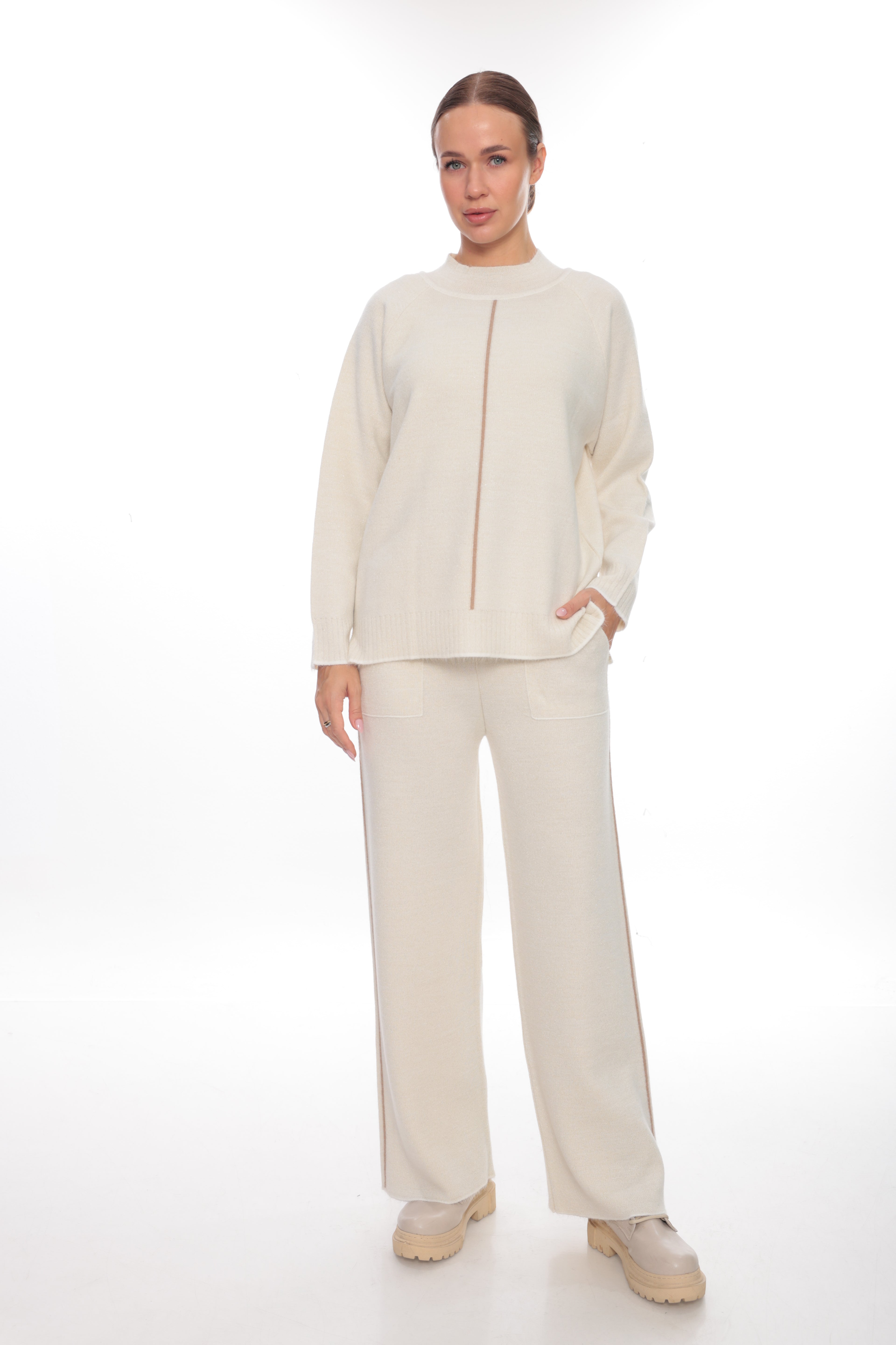 ZIQUES Minimalist Contrast-Stripe Knit Co-ord Set in Ivory