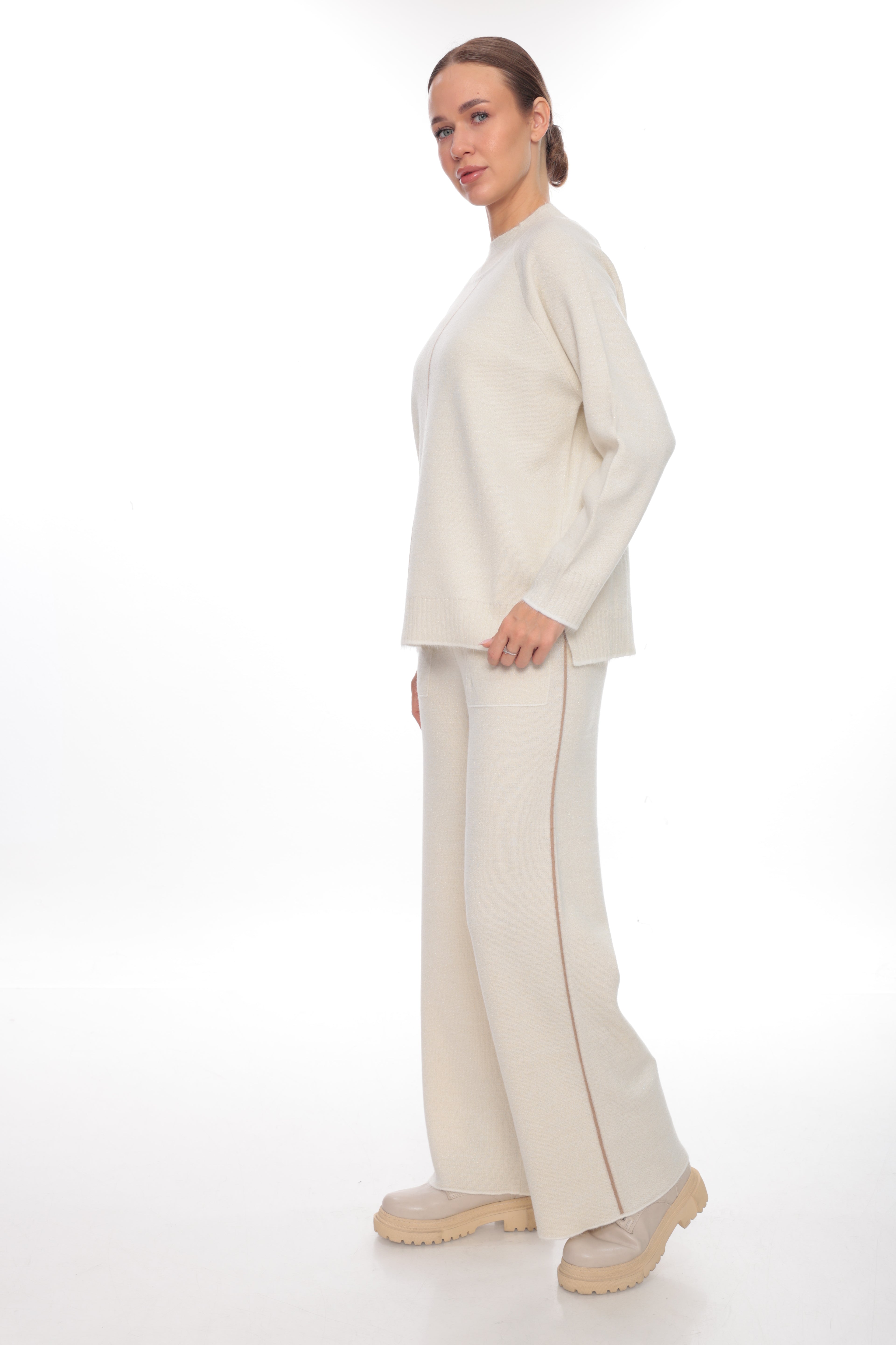 ZIQUES Minimalist Contrast-Stripe Knit Co-ord Set in Ivory