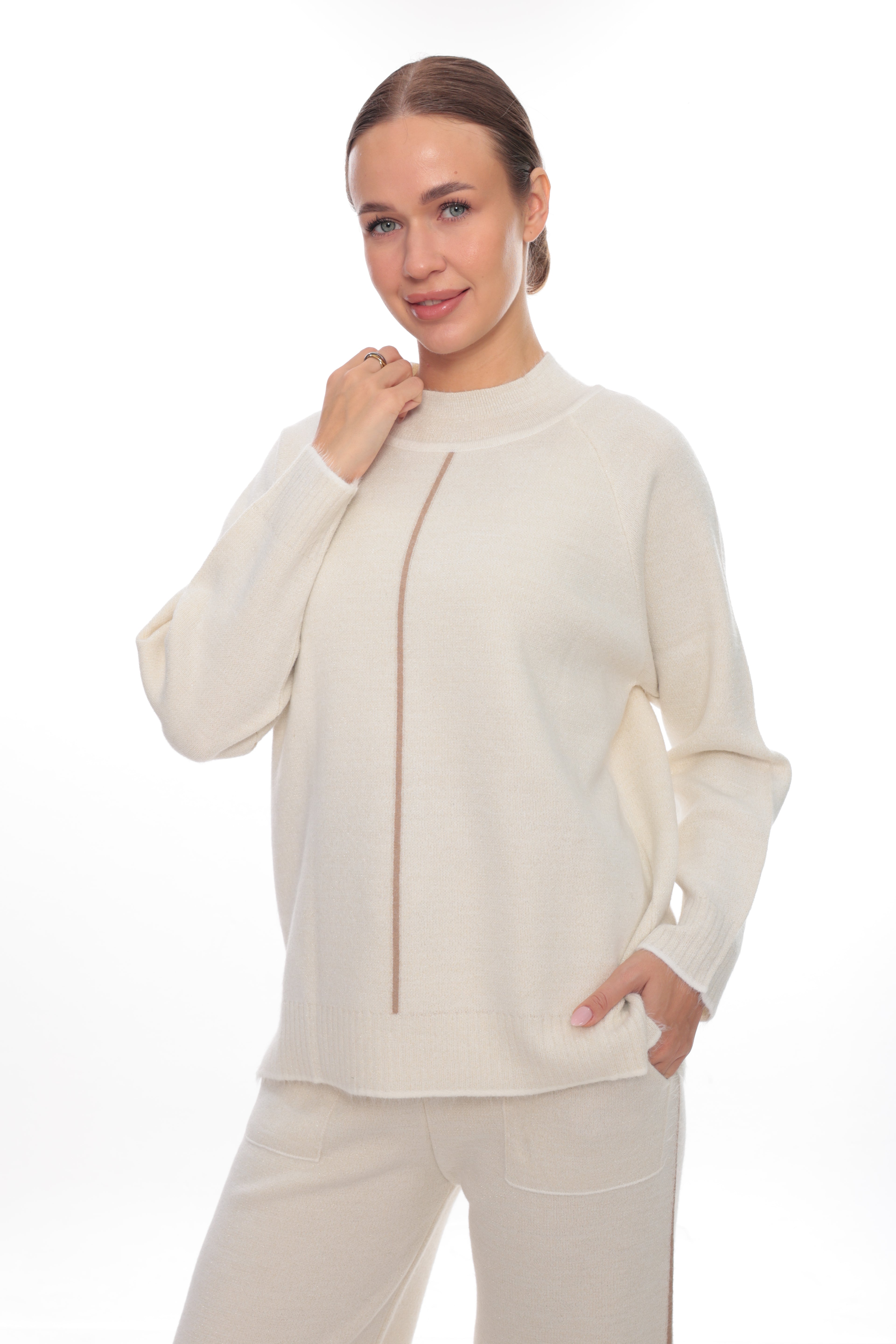 ZIQUES Minimalist Contrast-Stripe Knit Co-ord Set in Ivory