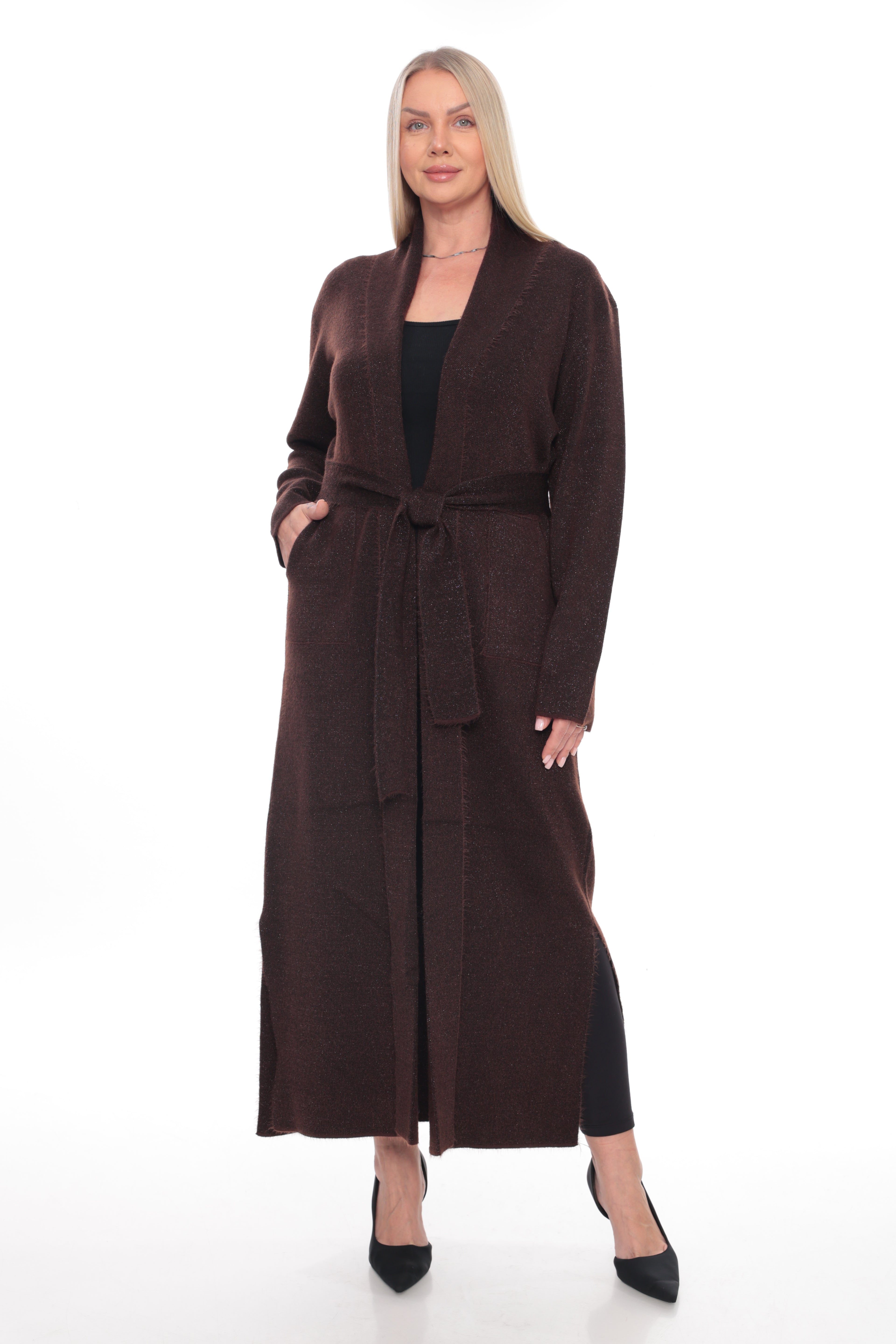 ZIQUES Belted Shimmer Knit Maxi Cardigan in Espresso