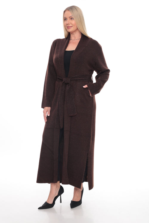 ZIQUES Belted Shimmer Knit Maxi Cardigan in Espresso
