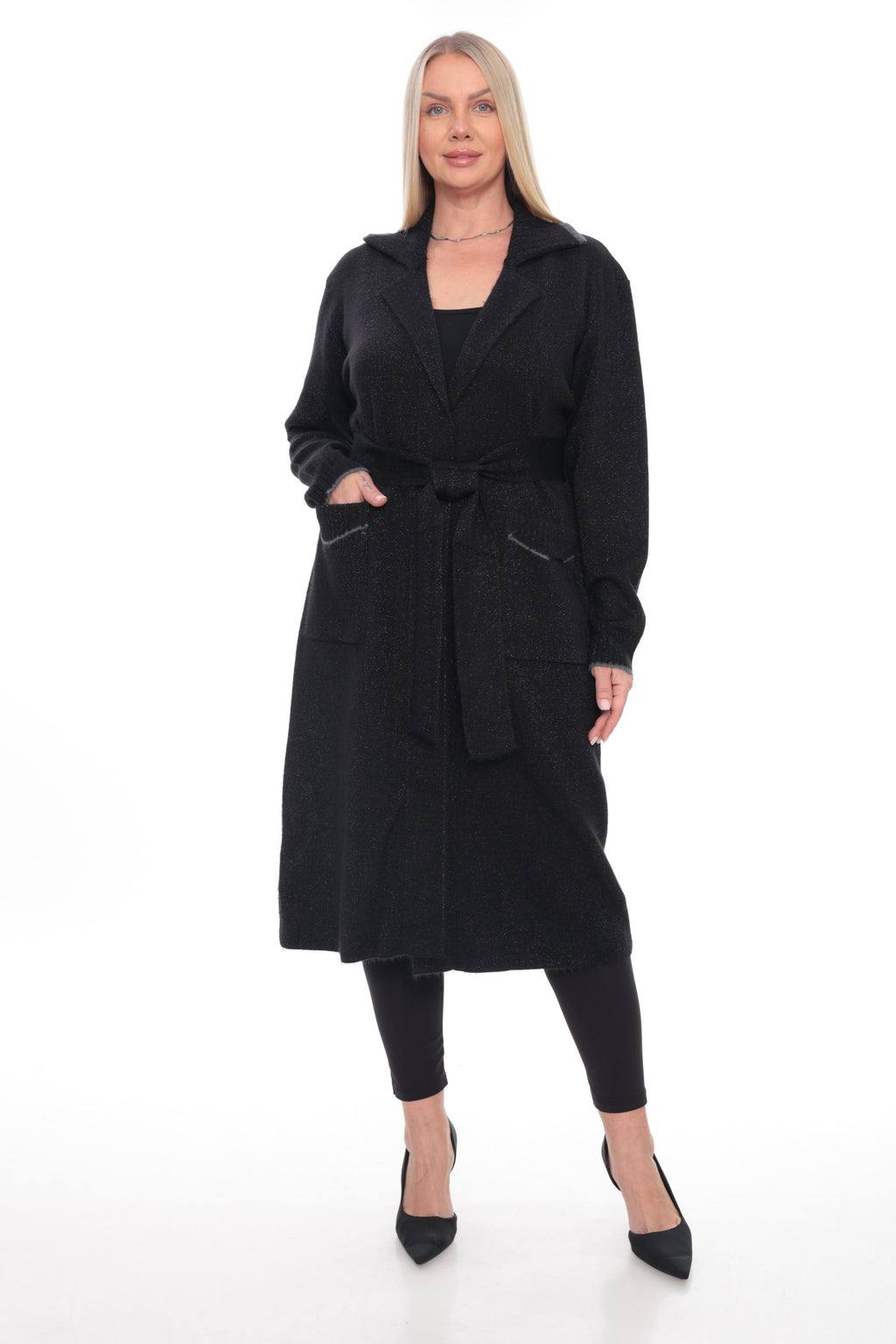 ZIQUES Shimmer Knit Maxi Belted Cardigan in Black