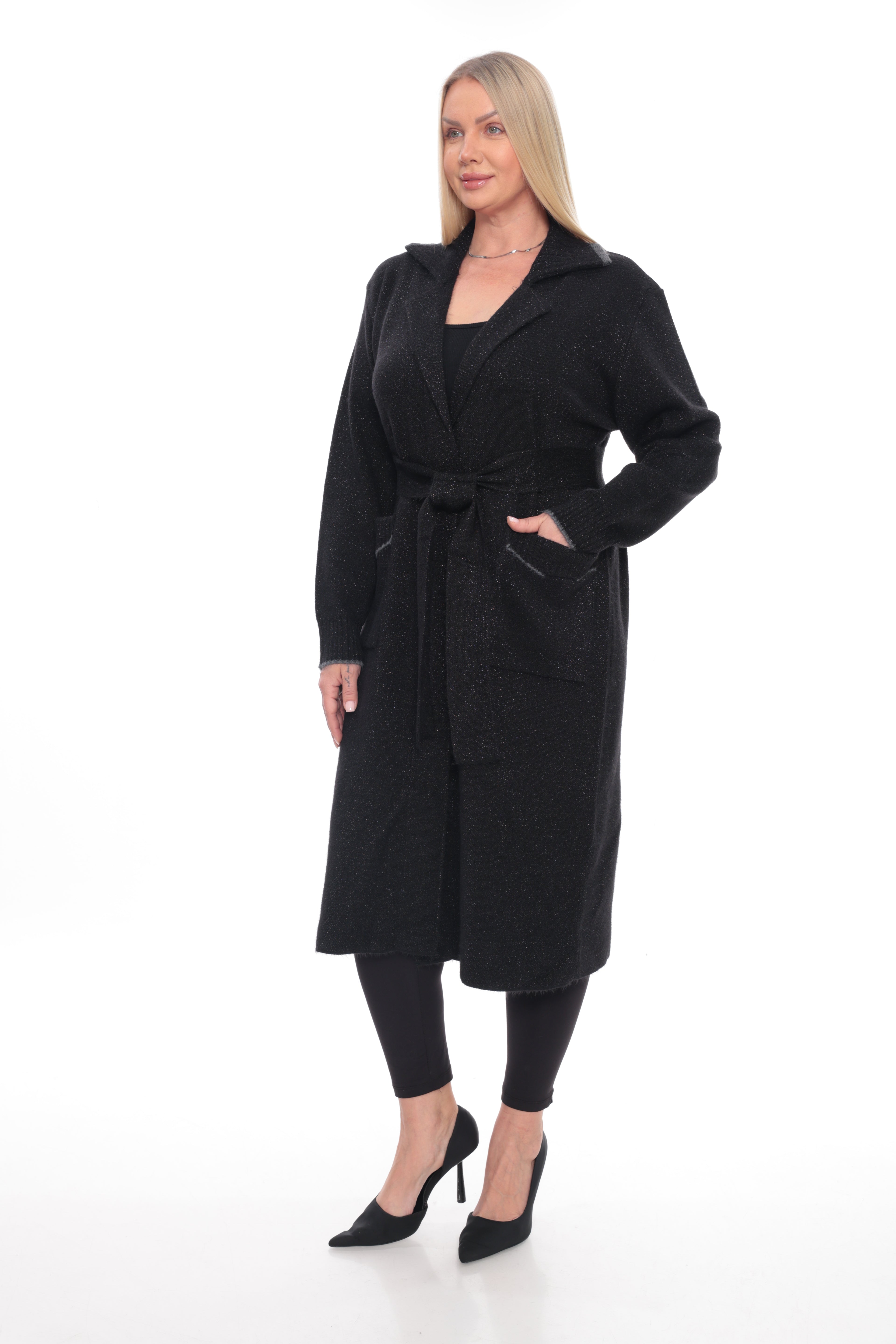 ZIQUES Shimmer Knit Maxi Belted Cardigan in Black