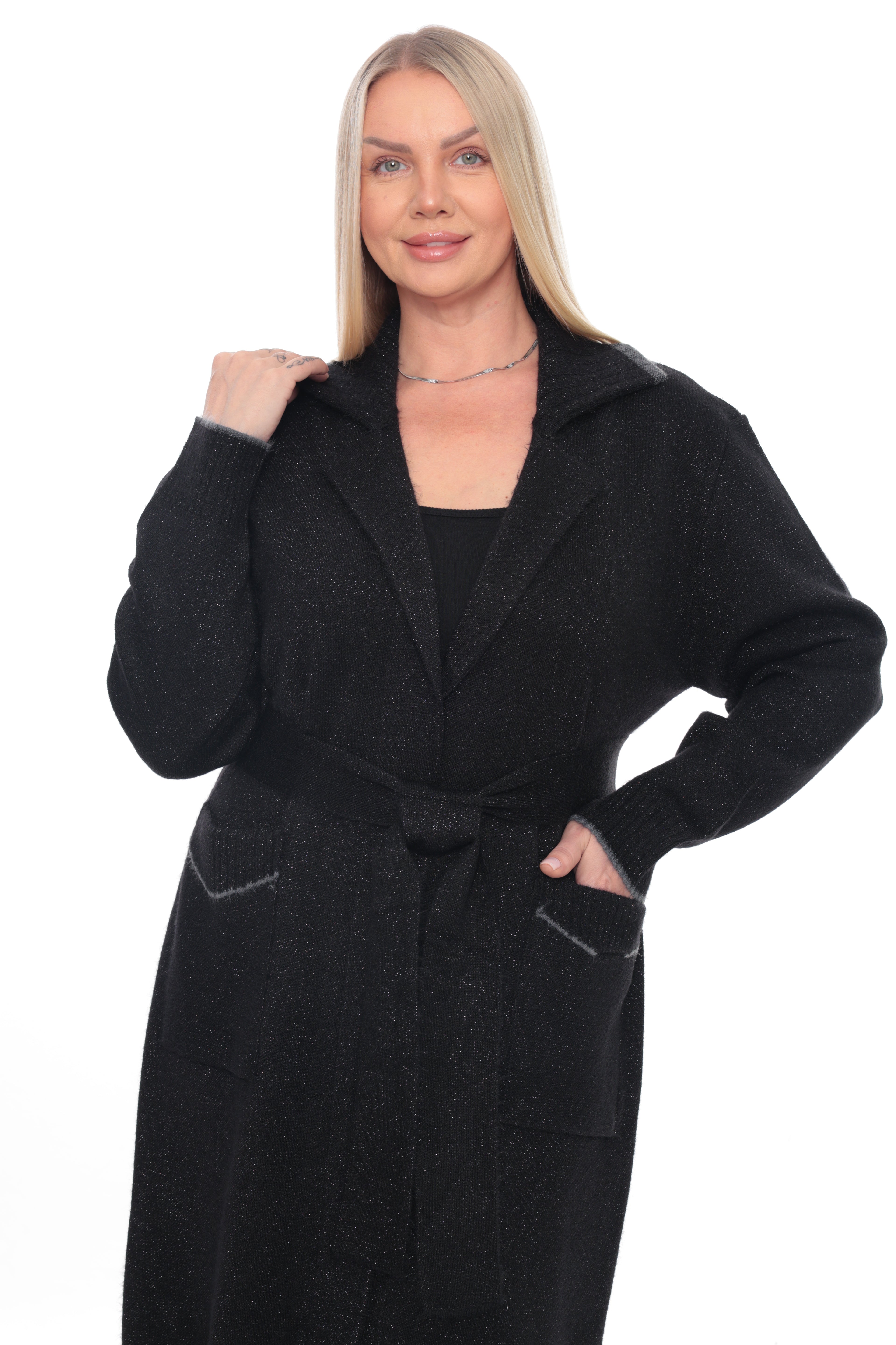 ZIQUES Shimmer Knit Maxi Belted Cardigan in Black