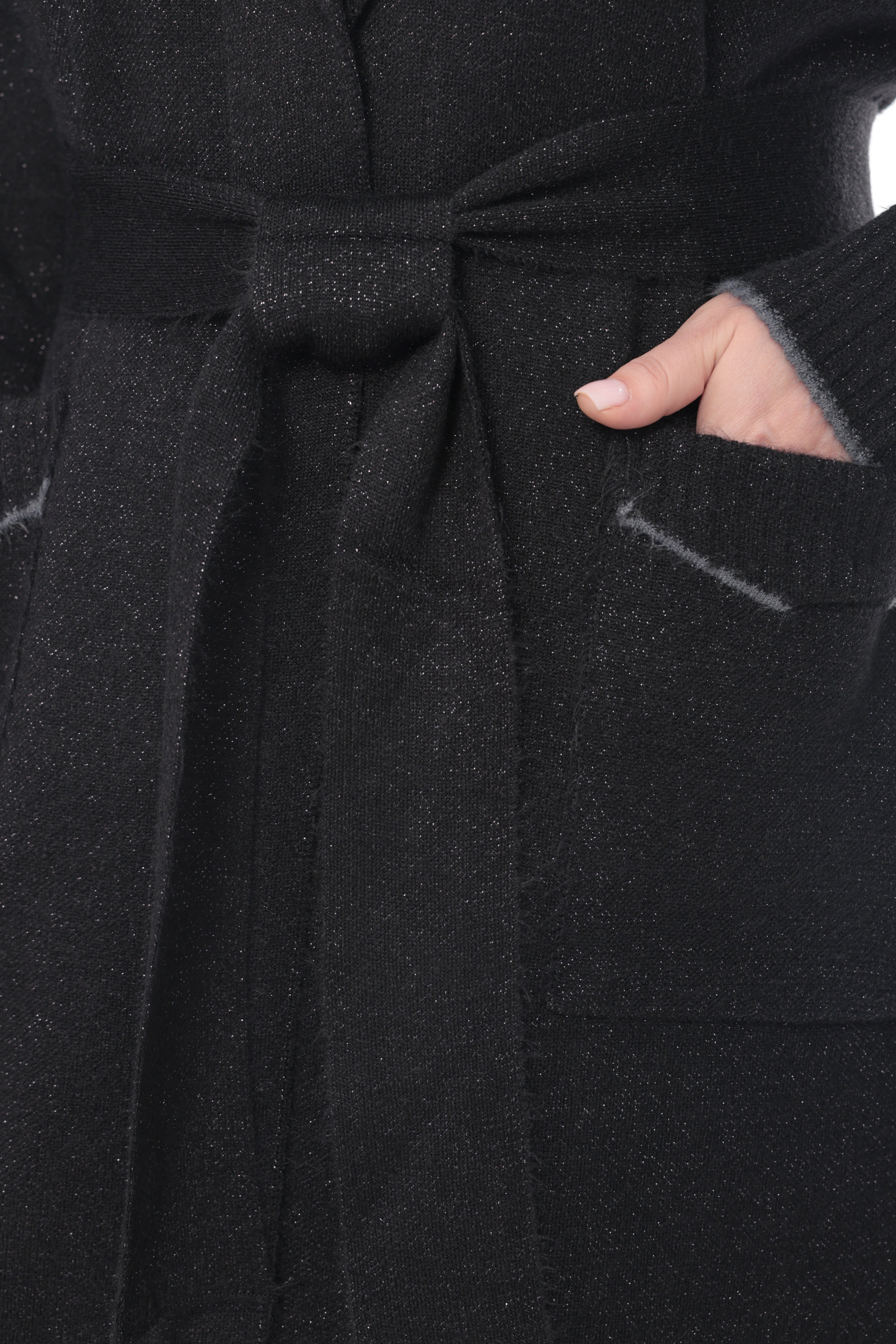 ZIQUES Shimmer Knit Maxi Belted Cardigan in Black