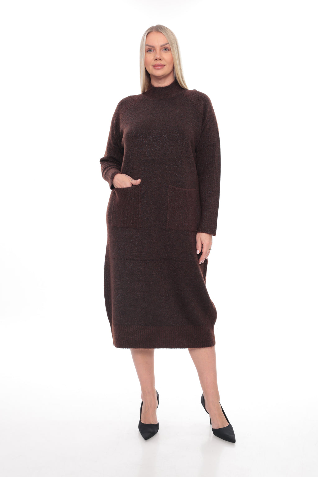ZIQUES Mock-Neck Dual-Pocket Knit Dress in Espresso Brown
