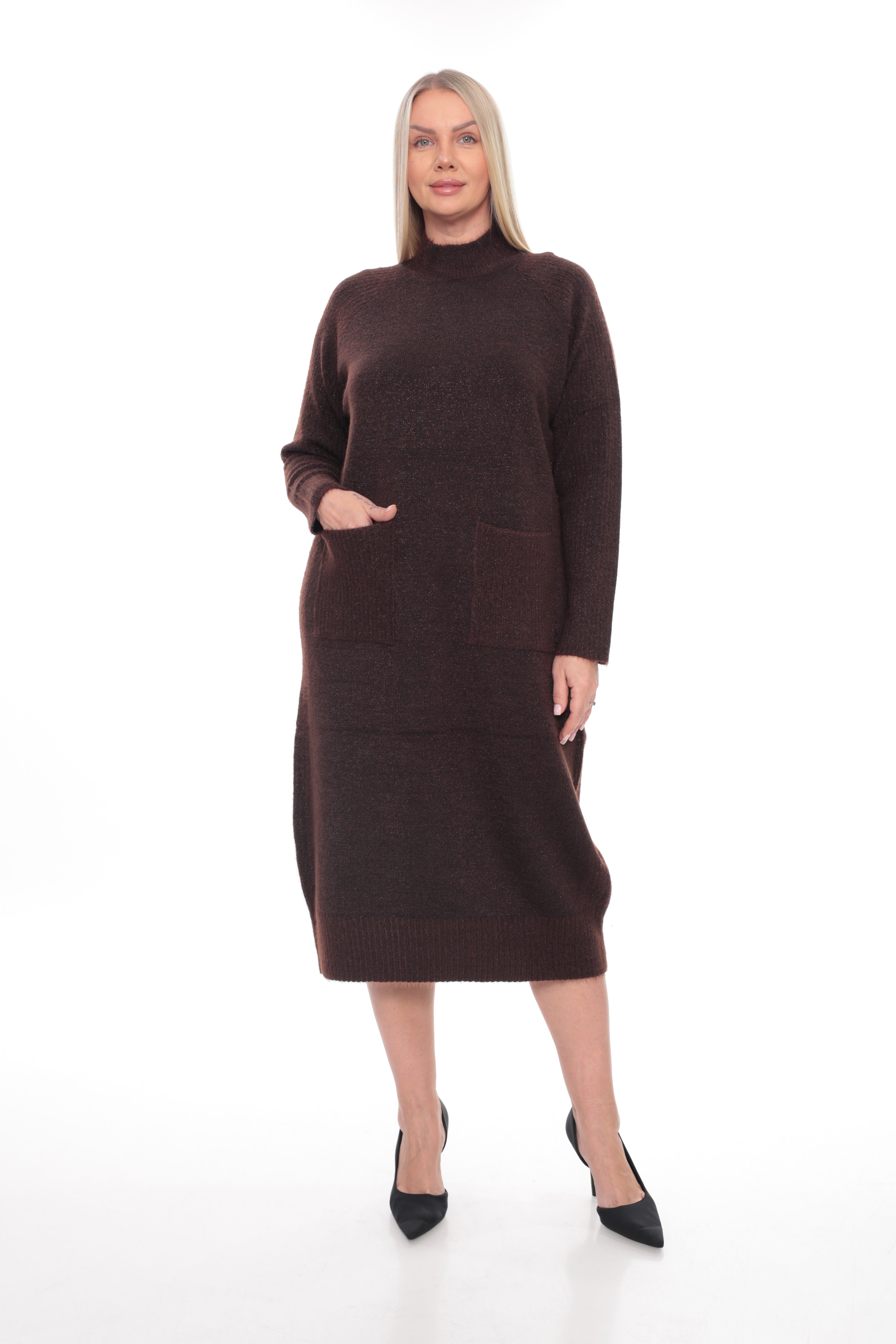 ZIQUES Mock-Neck Dual-Pocket Knit Dress in Espresso Brown