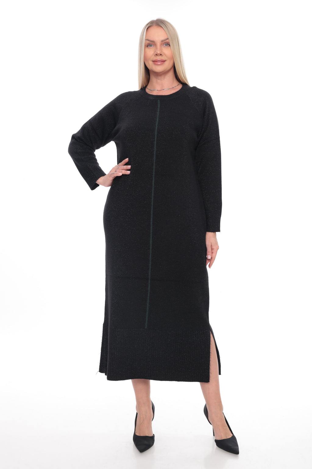 ZIQUES Black Shimmer Center-Seam Knit Midi Dress