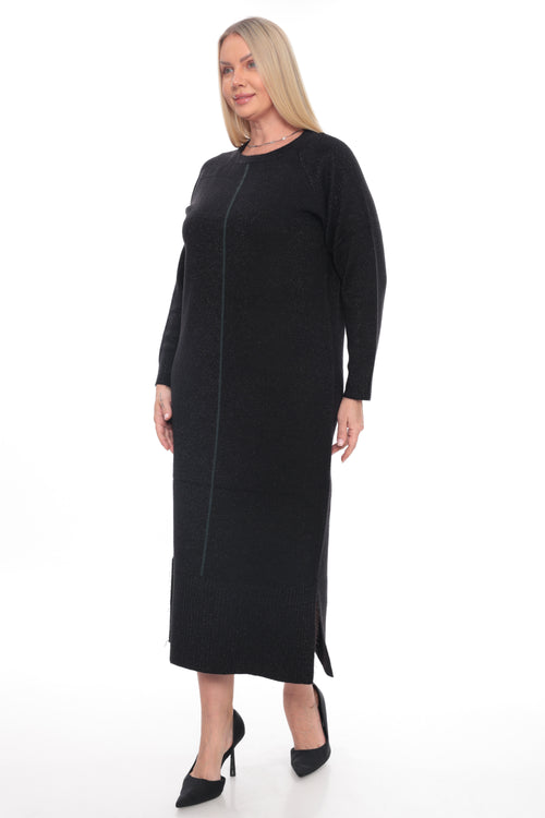 ZIQUES Black Shimmer Center-Seam Knit Midi Dress