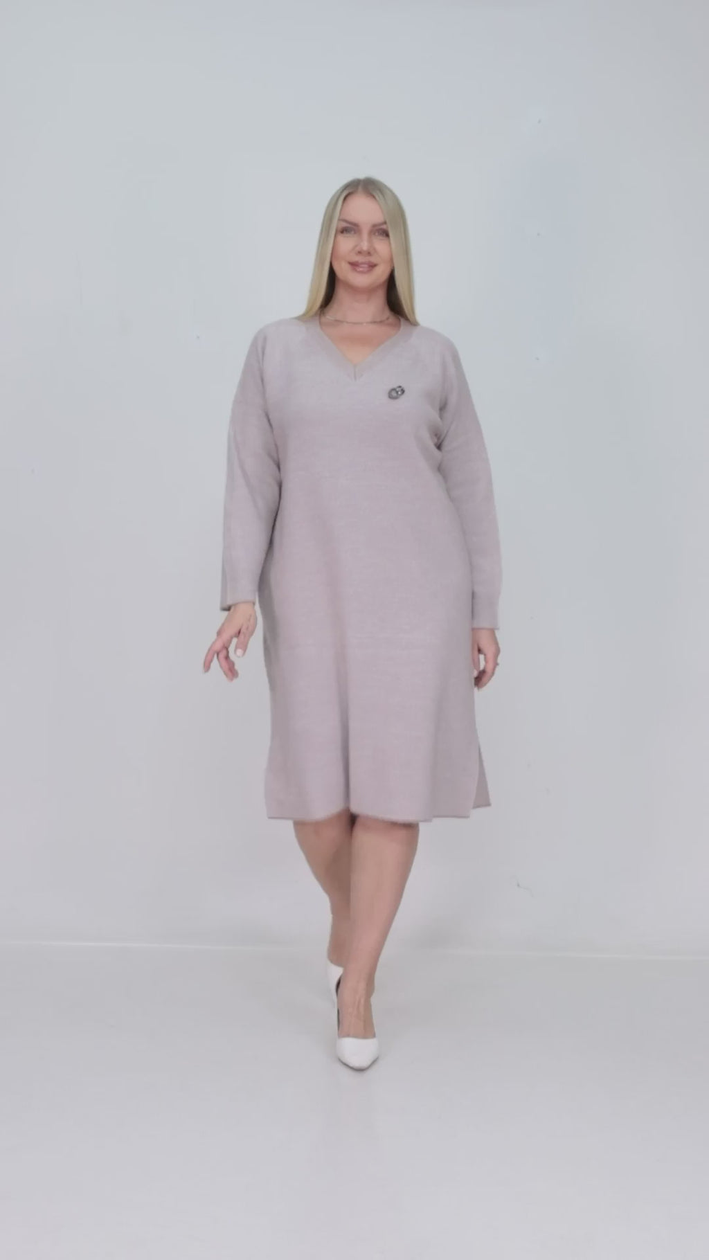 ZIQUES Metallic Shimmer V-Neck Midi Knit Dress in Taupe