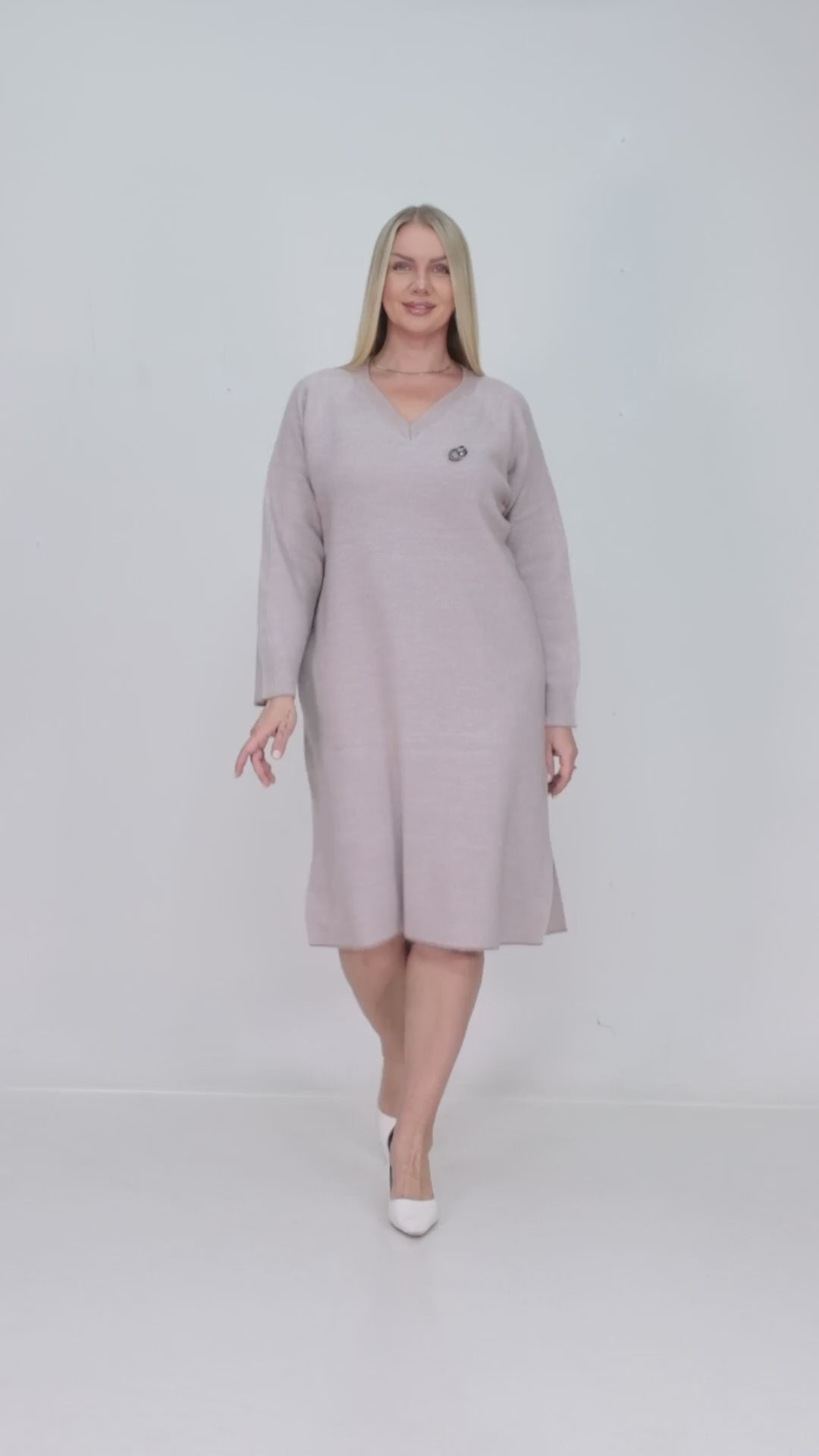 ZIQUES Metallic Shimmer V-Neck Midi Knit Dress in Taupe