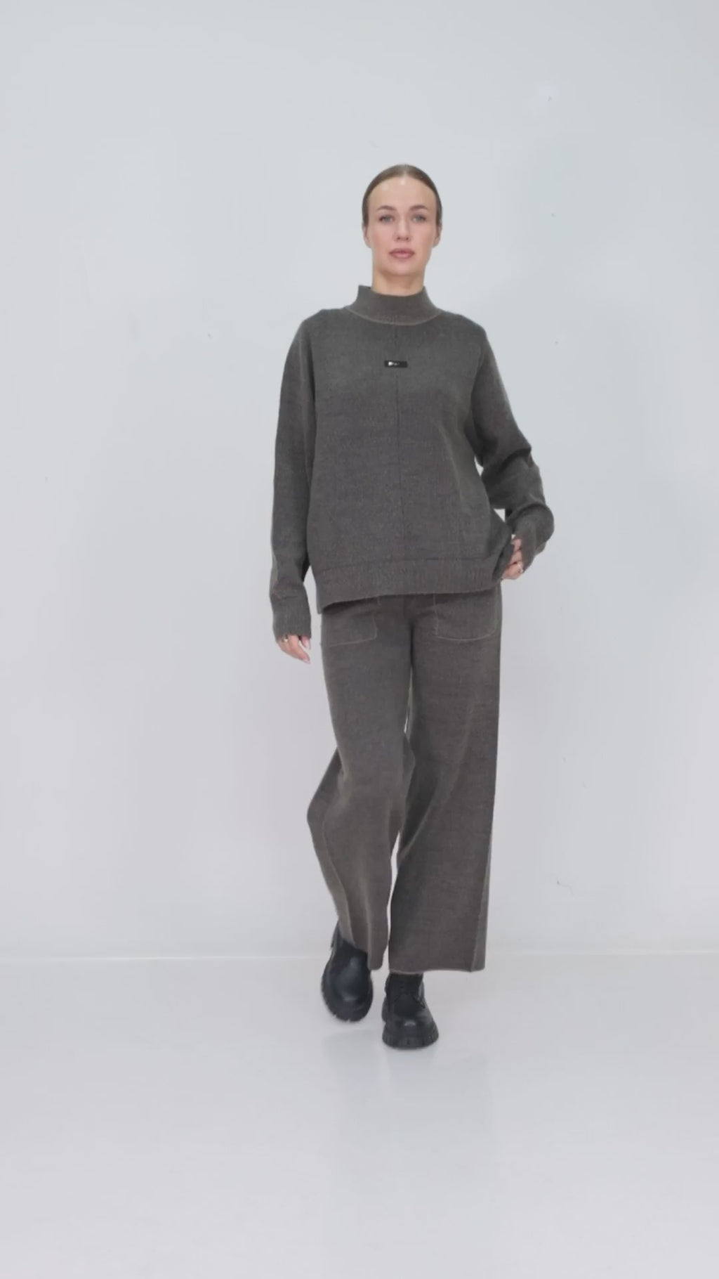 ZIQUES Mock-Neck Wide-Leg Knit Co-ord Set in Taupe-Grey