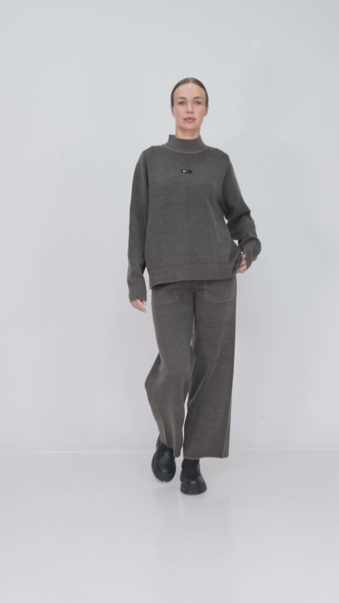 ZIQUES Mock-Neck Wide-Leg Knit Co-ord Set in Taupe-Grey