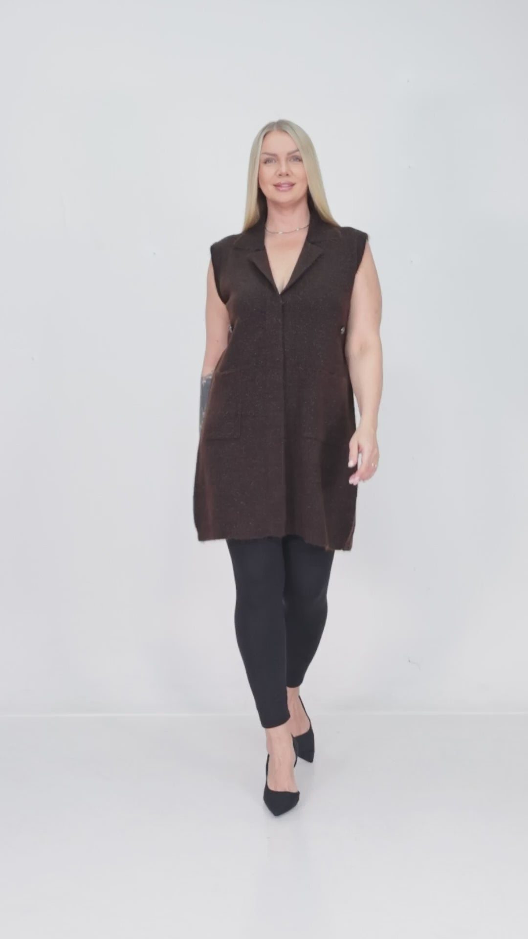 ZIQUES Tailored Lapel Knit Long Vest in Espresso