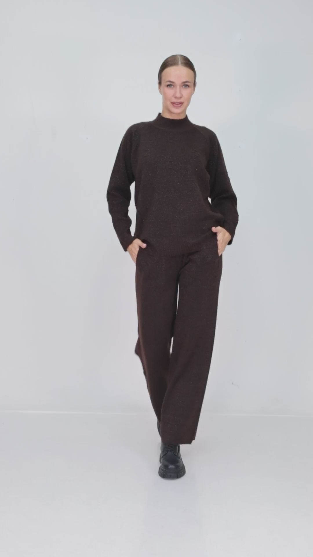 ZIQUES Mock-Neck Textured Knit Co-ord Set in Chocolate Brown