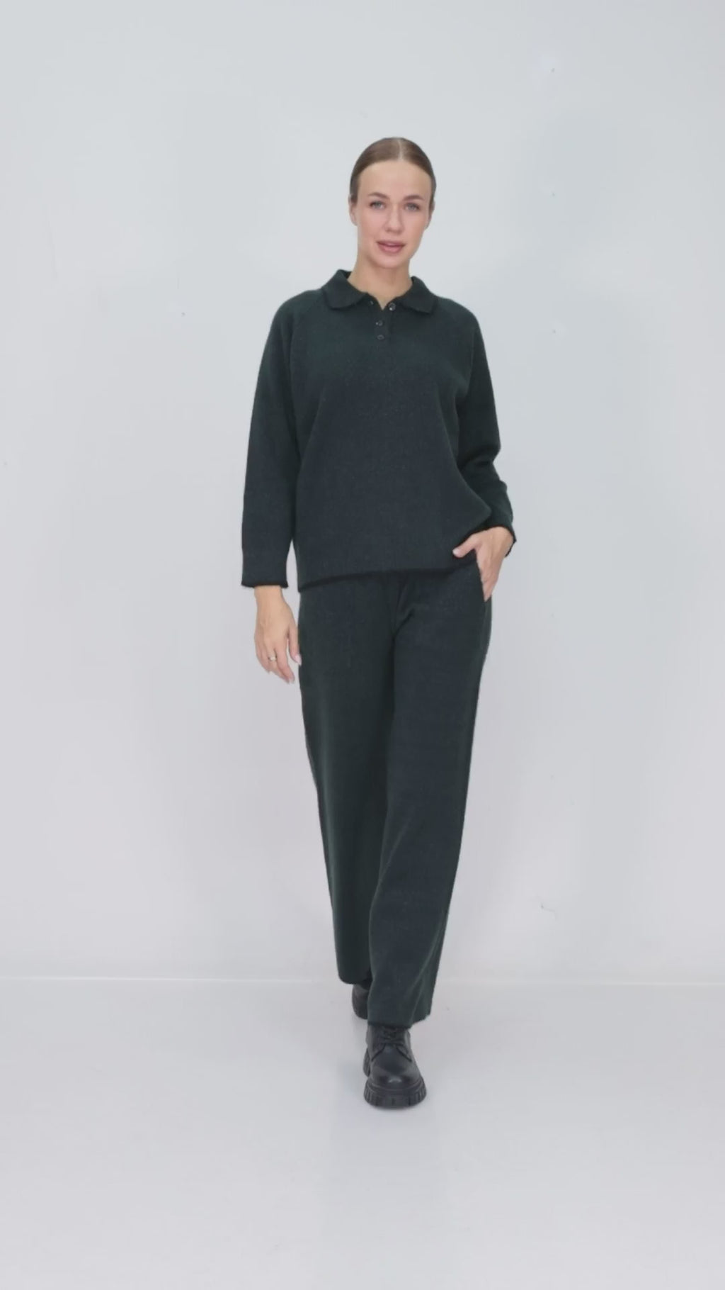 ZIQUES Collared Polo Wide-Leg Knit Co-ord Set in Forest Green
