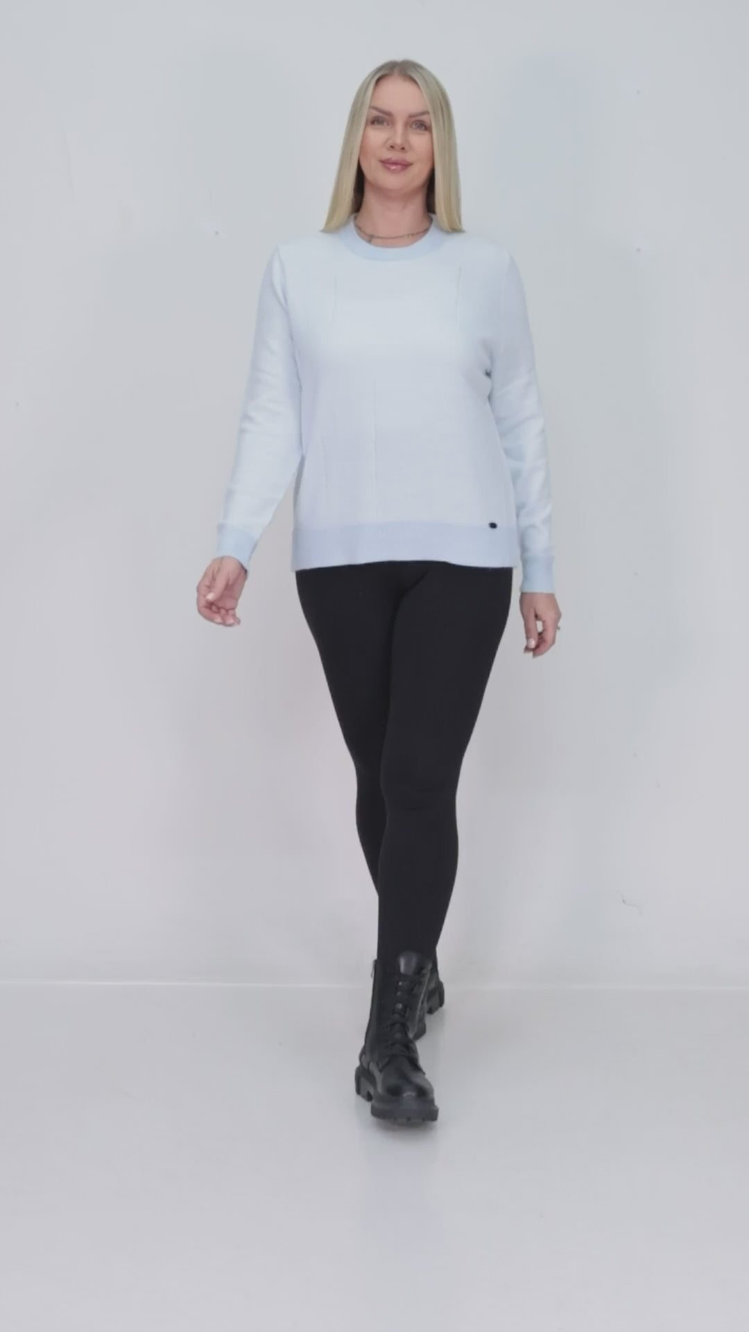 ZIQUES Contrast Ribbed Trim Crewneck Knit in Ice Blue