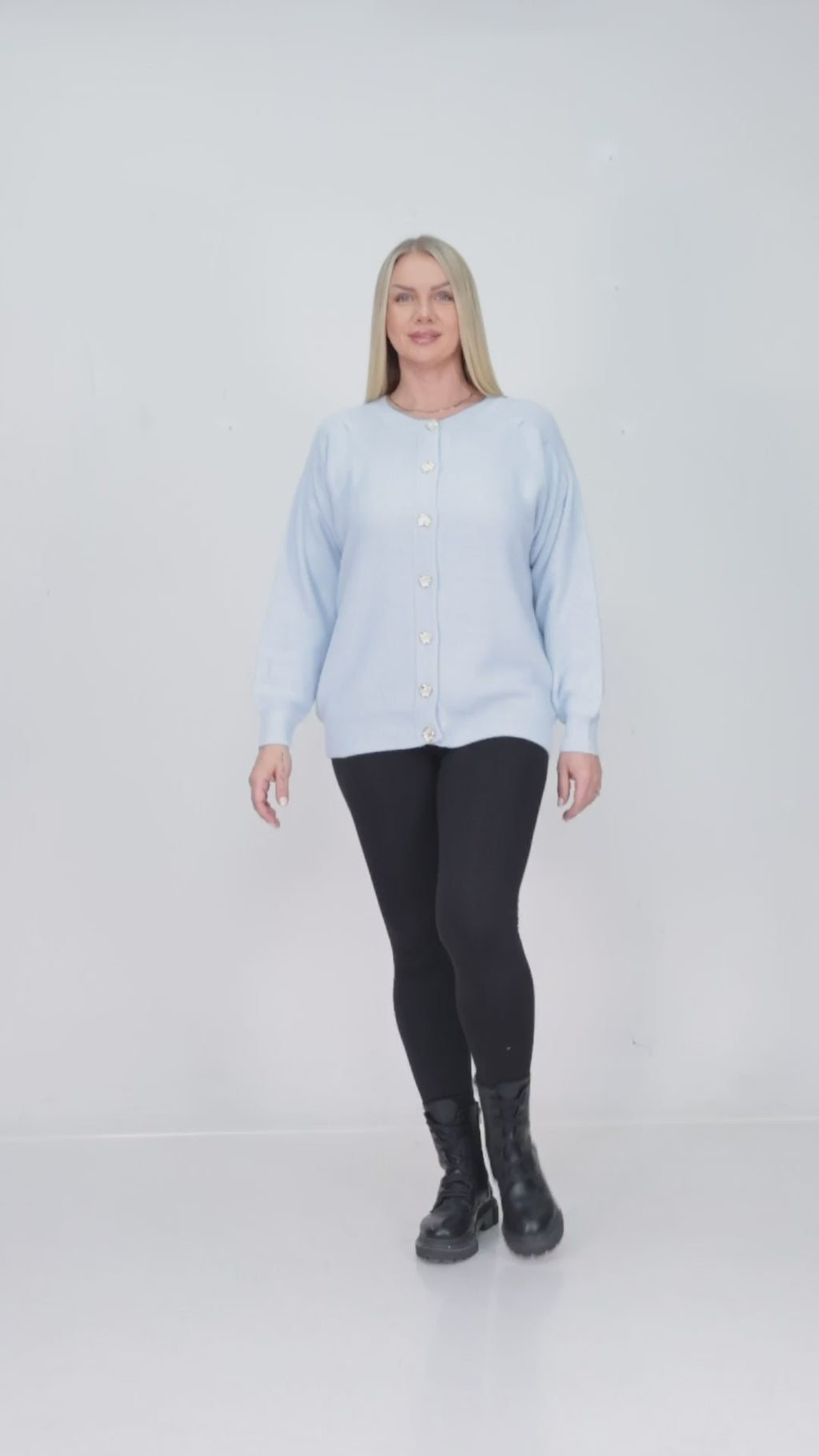 ZIQUES Pastel Blue Jewel Button Knit Cardigan
