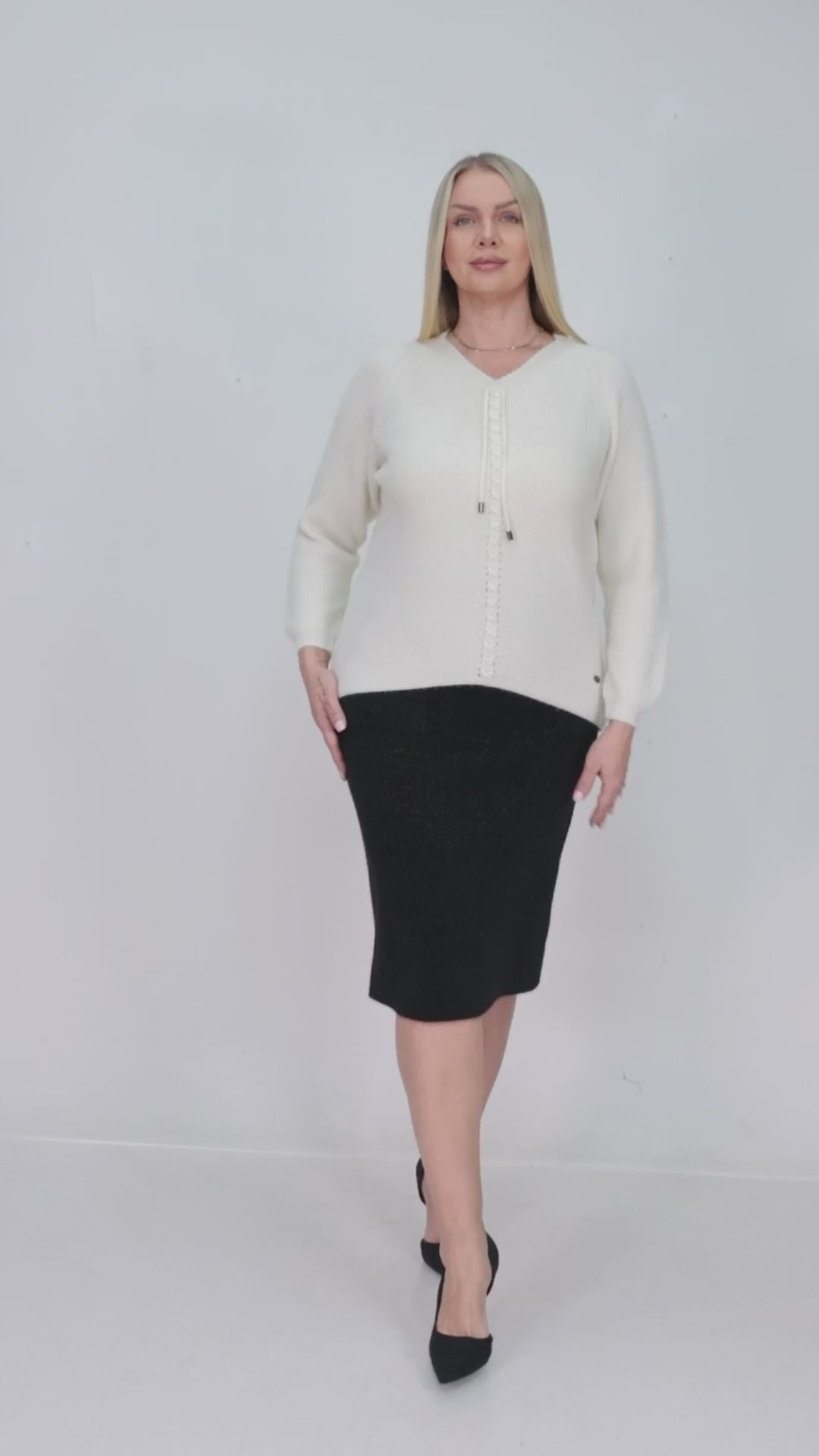 ZIQUES Lace-Up Detail Knit Sweater in Off-White