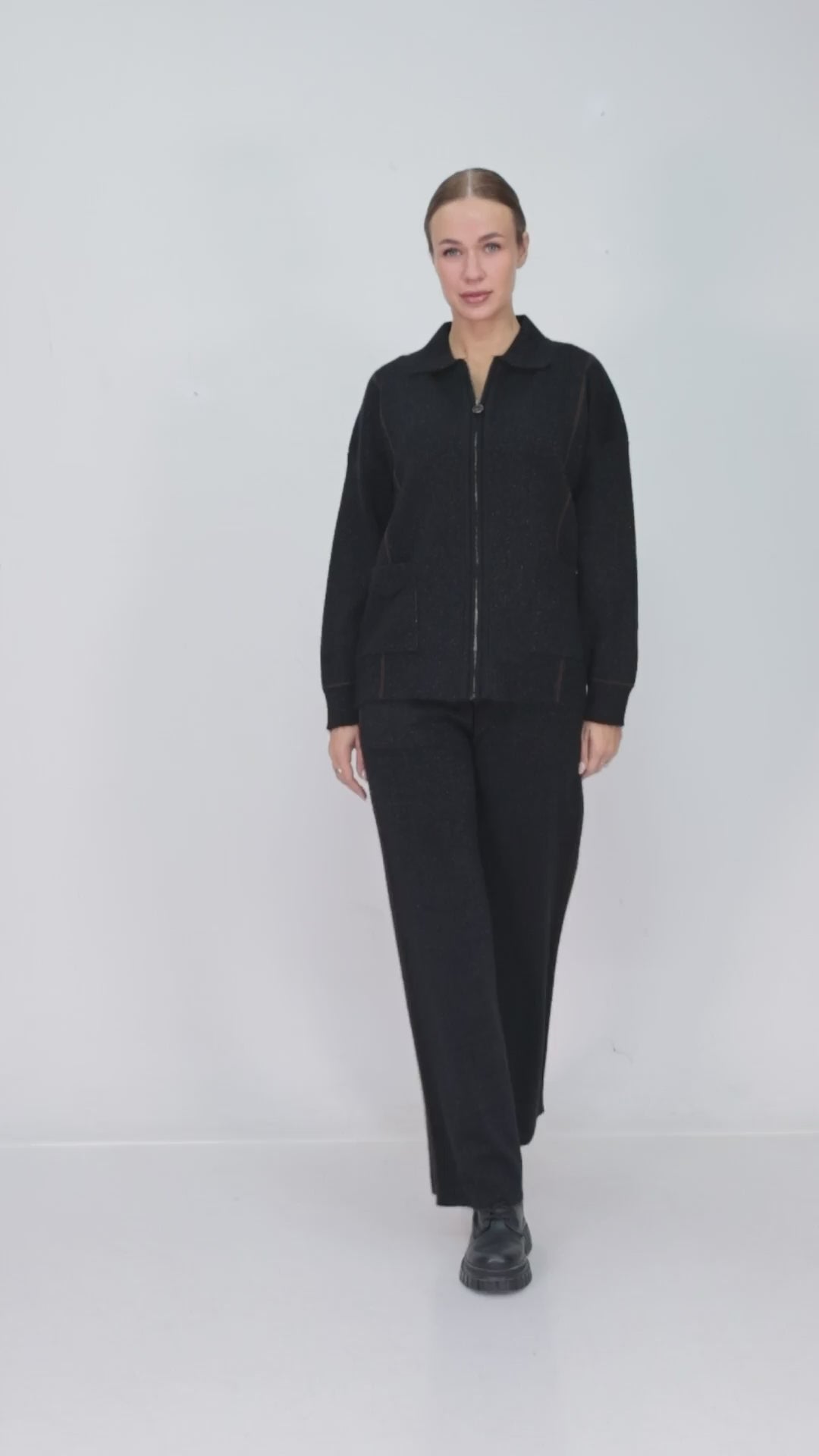 ZIQUES Zip-Up Collared Jacket & Wide-Leg Knit Co-ord in Black