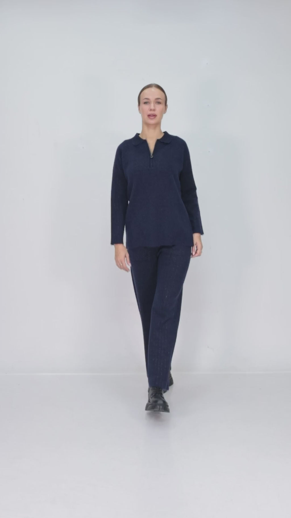 ZIQUES Half-Zip Polo Wide-Leg Knit Co-ord Set in Indigo Blue