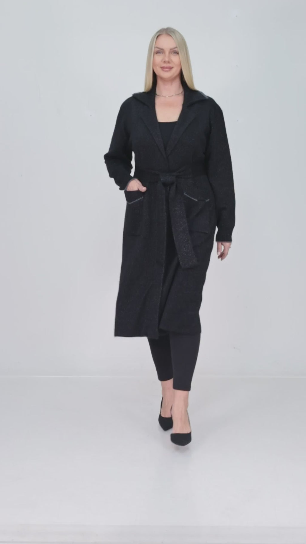 ZIQUES Shimmer Knit Maxi Belted Cardigan in Black