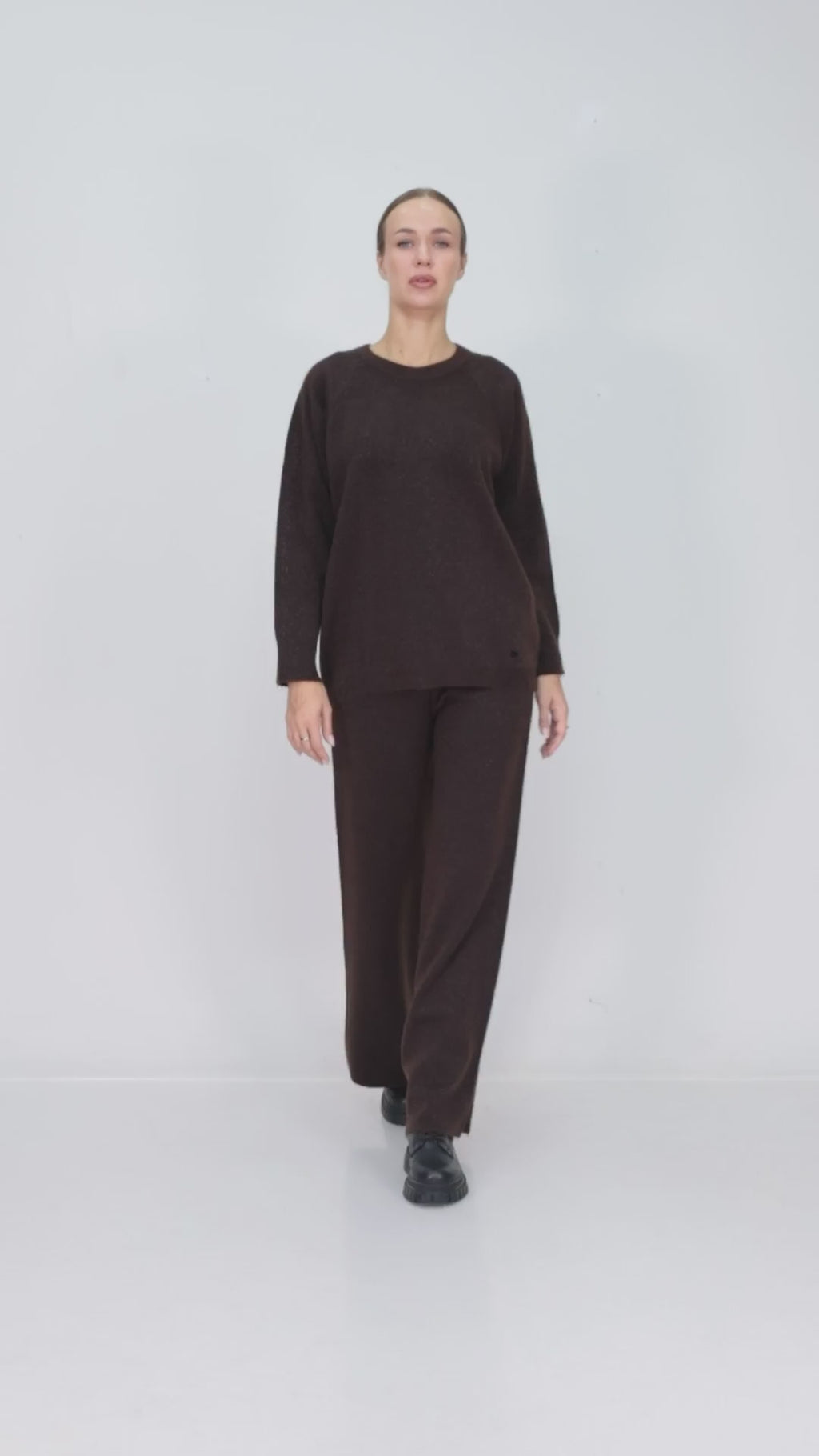 ZIQUES Crewneck Wide-Leg Knit Co-ord Set in Dark Chocolate