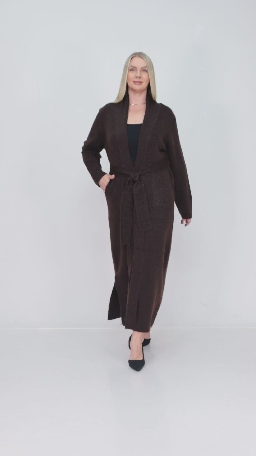 ZIQUES Belted Shimmer Knit Maxi Cardigan in Espresso