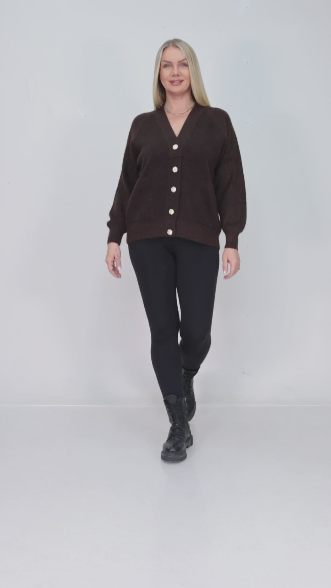 ZIQUES V-Neck Horn Button Shimmer Cardigan in Espresso