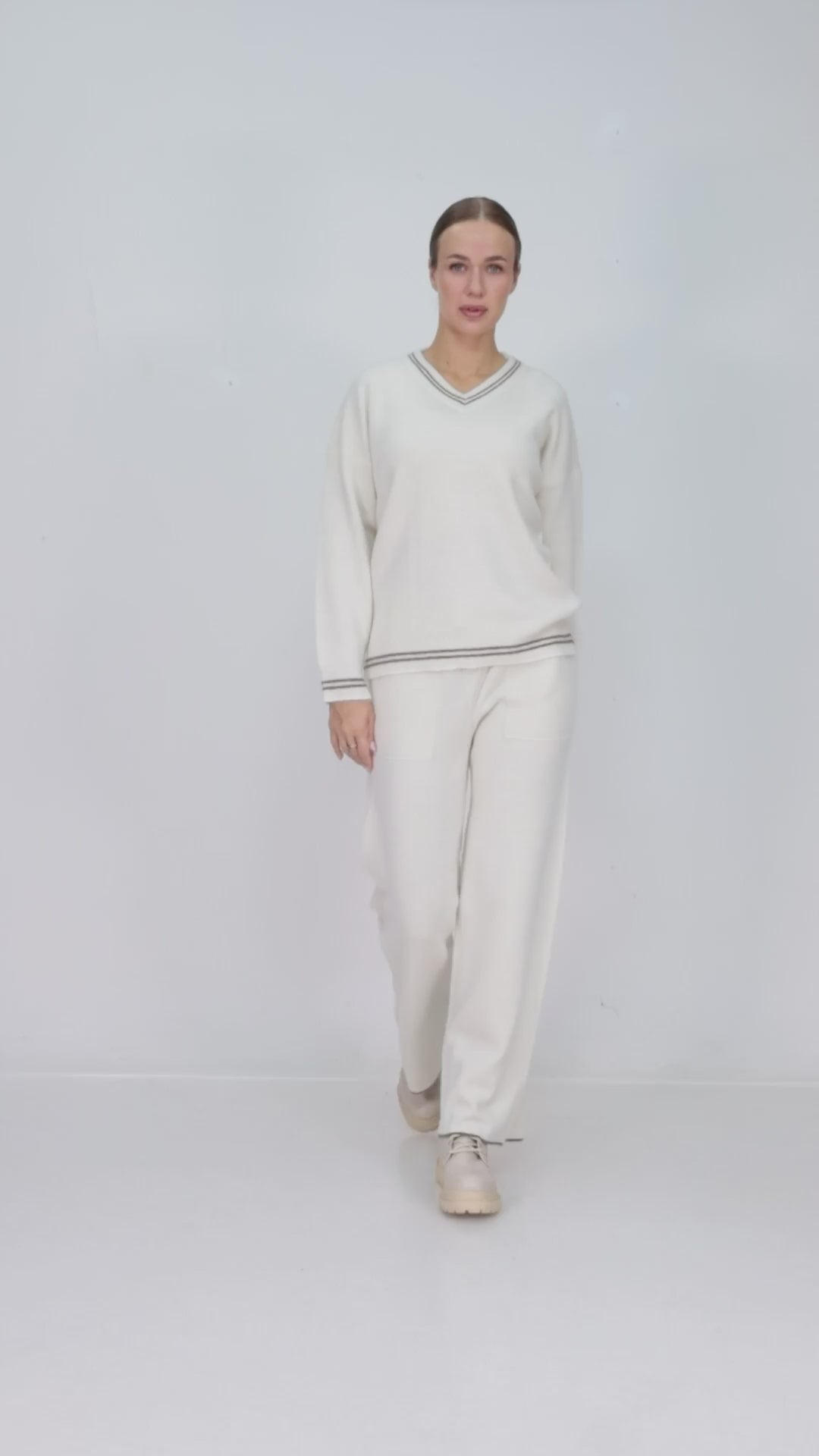 ZIQUES Sporty Striped Trim Knit Co-ord Set in Off-White