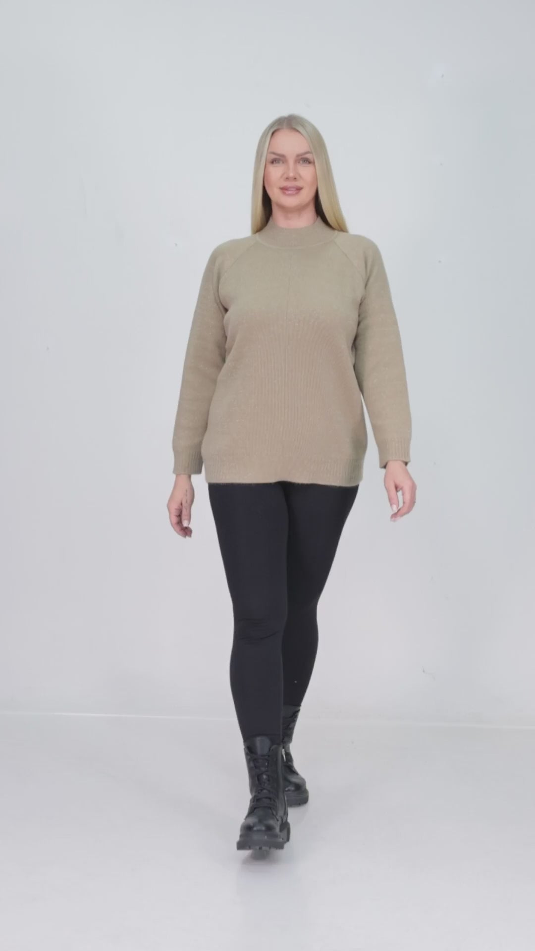 ZIQUES Button-Back Mock-Neck Knit Sweater in Sand