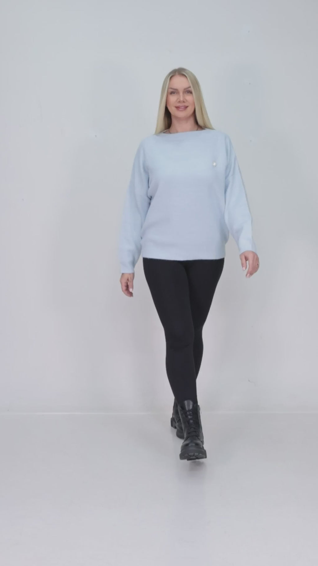 ZIQUES Boat-Neck Single Pearl Accent Knit Top in Ice Blue