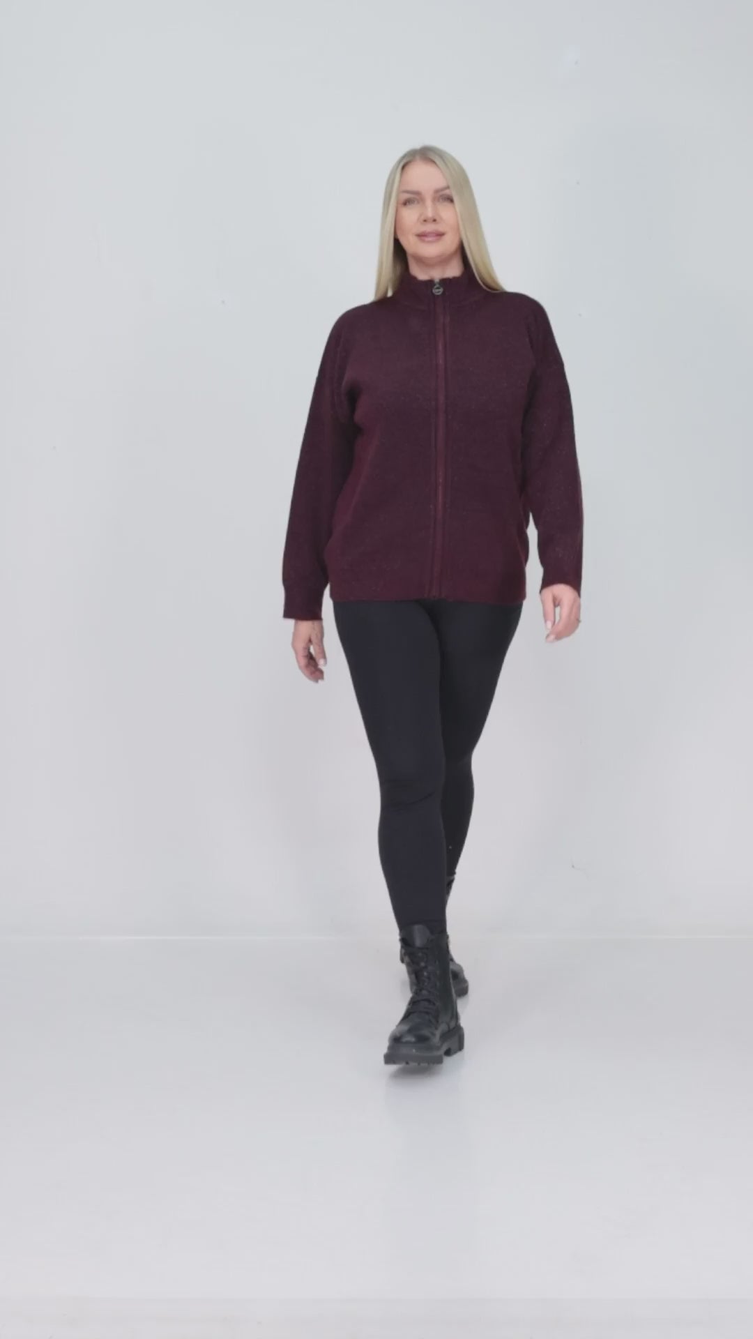 ZIQUES Zip-Up High-Neck Shimmer Knit Cardigan in Berry