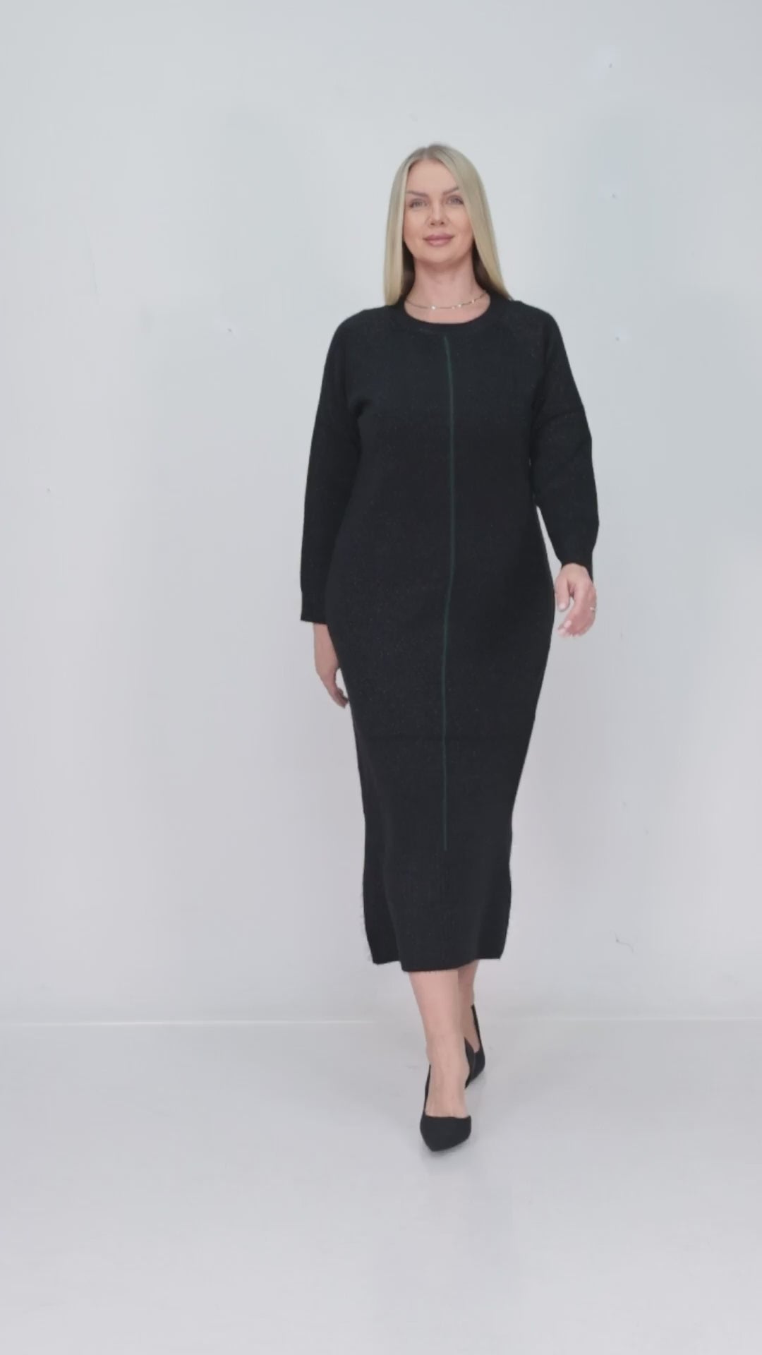 ZIQUES Black Shimmer Center-Seam Knit Midi Dress