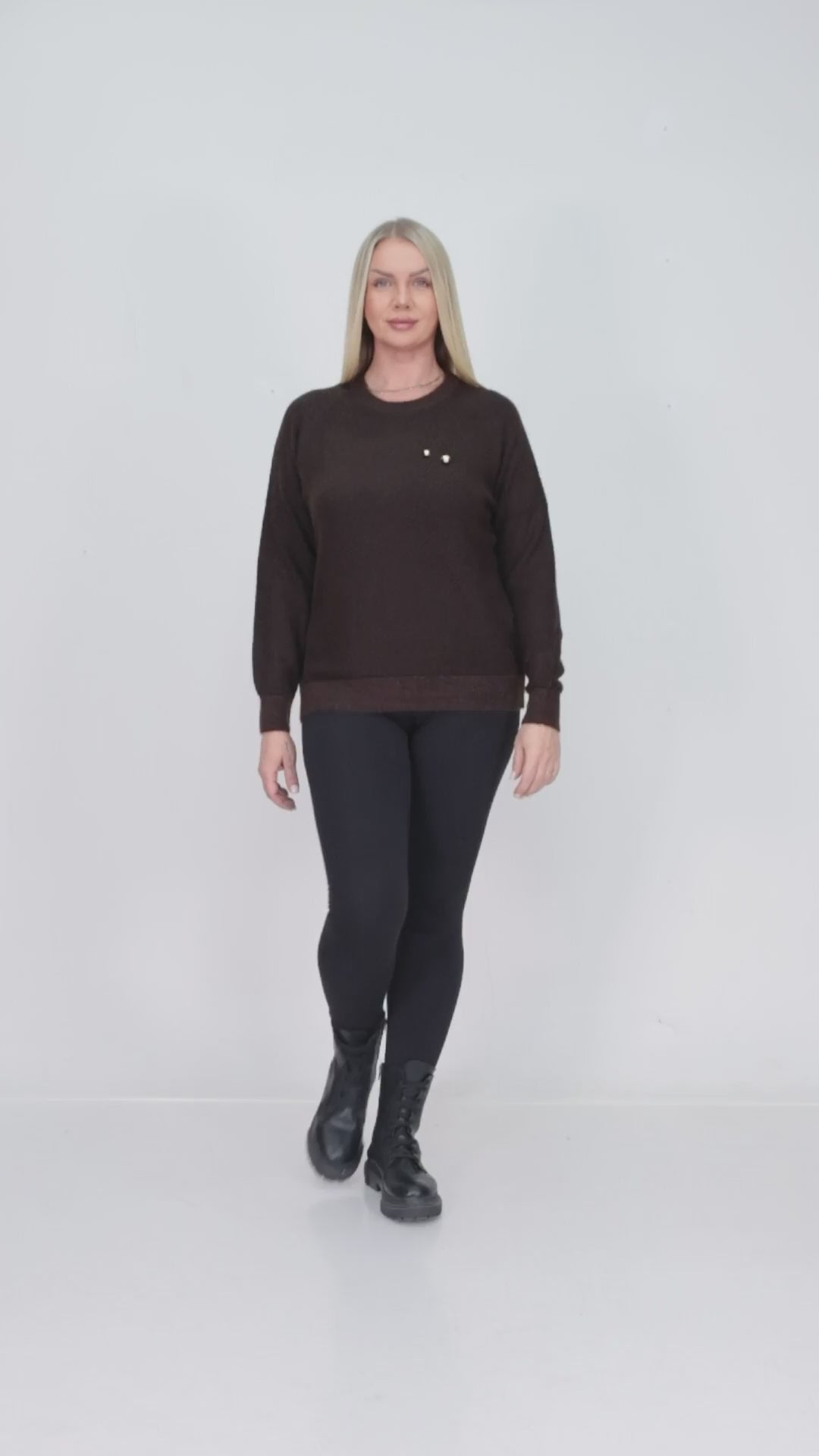 ZIQUES Dual Pearl Accent Textured Knit Sweater in Brown
