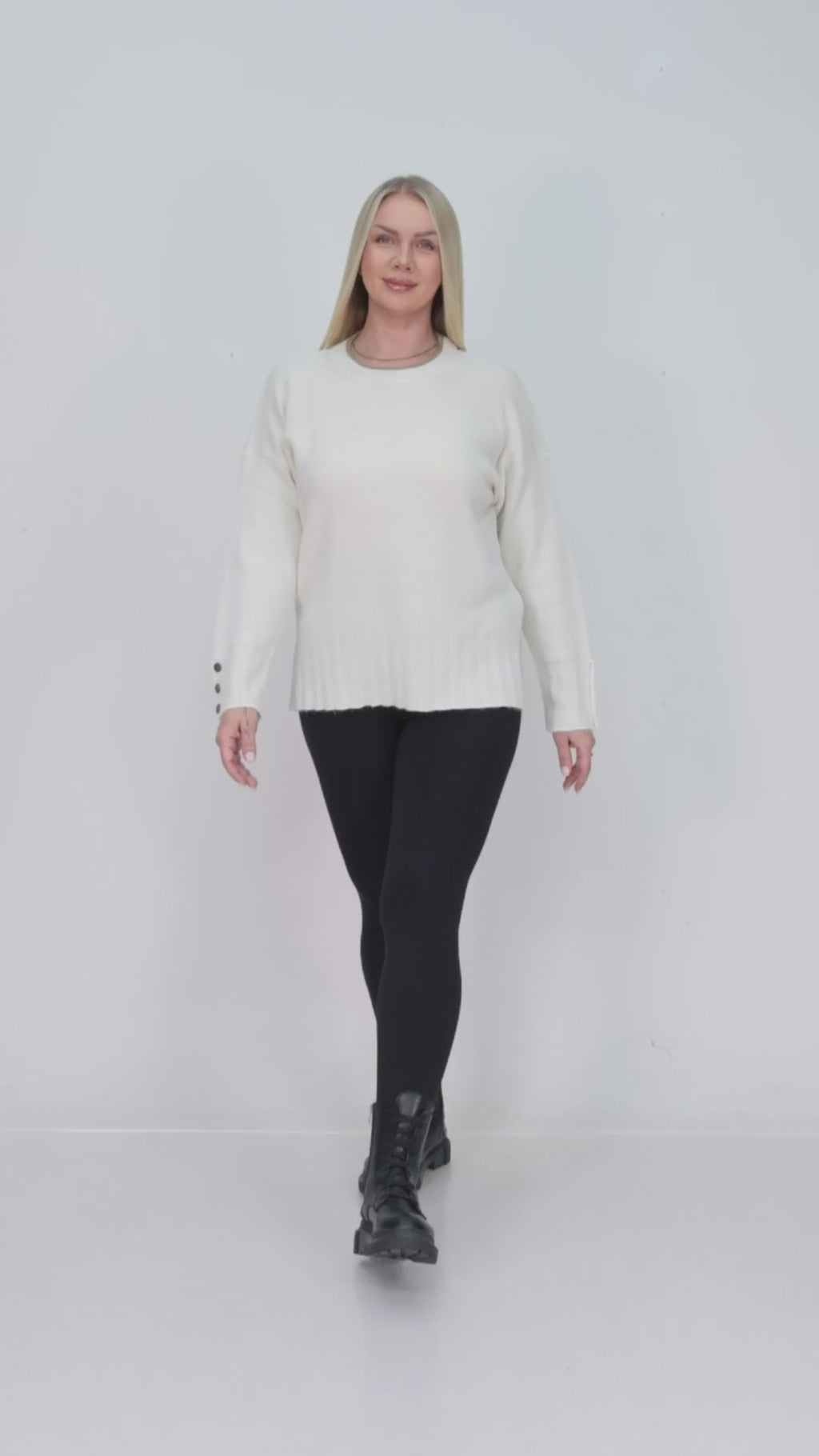 ZIQUES Button-Cuff Slit Hem Knit Sweater in Ivory